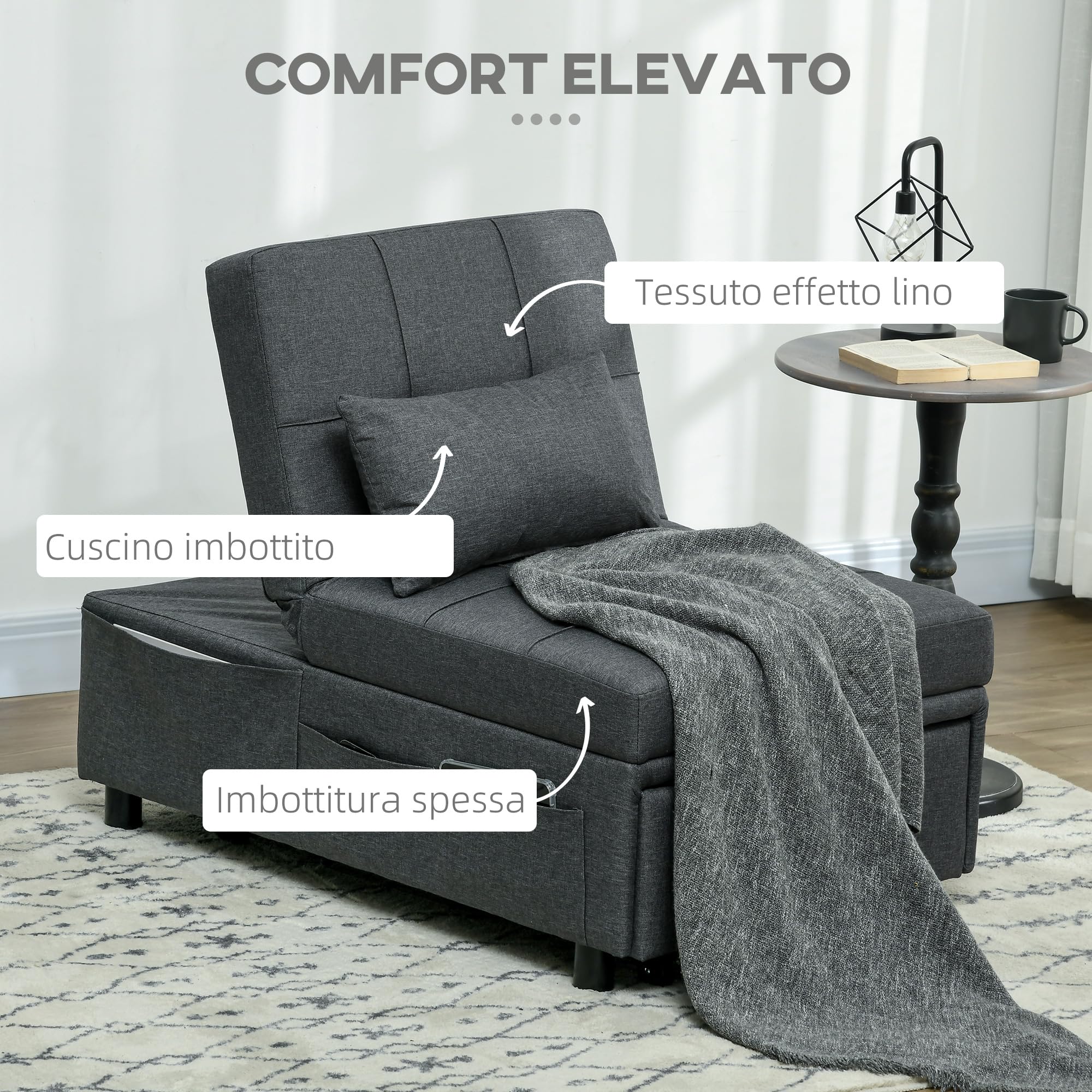 HOMCOM Poltrona Letto Singolo 3 in 1, Poltroncina Reclinabile a 3 Livelli con Rivestimento in Tessuto Effetto Lino e Cuscino, 65.5x104x81 cm, Grigio