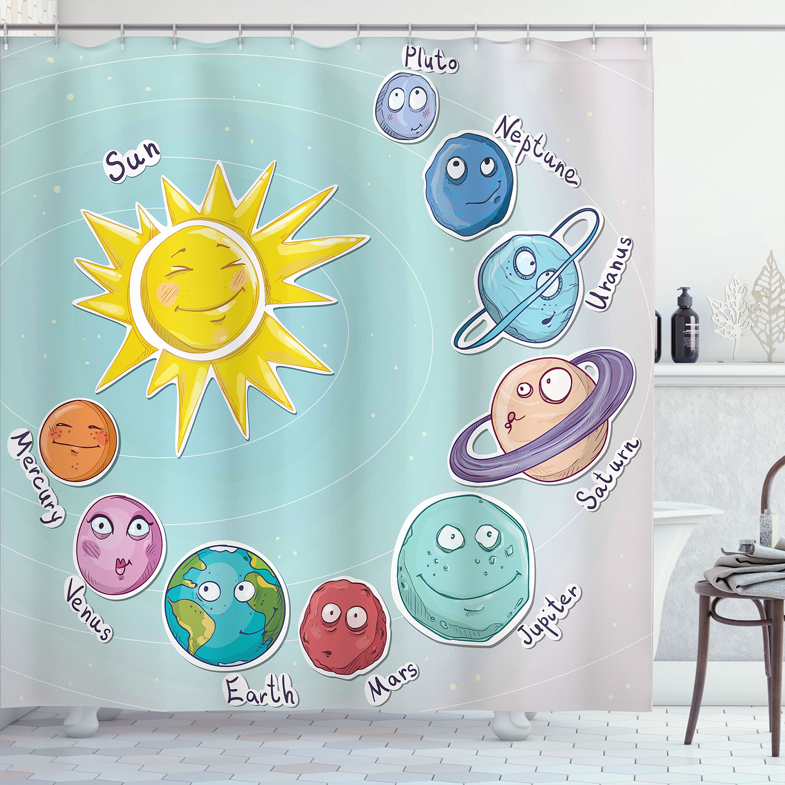 Ambesonne Space Shower Curtain, Cartoon Sun Planets of Solar System Fun Celestial Chart Theme, Cloth Fabric Bathroom Decor Set with Hooks, 69