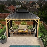 Purple Leaf 10x12 Outdoor Hardtop Gazebo - Galvanized Steel Double Roof, Teak Aluminum Frame, Bug Netting & LED String Lights