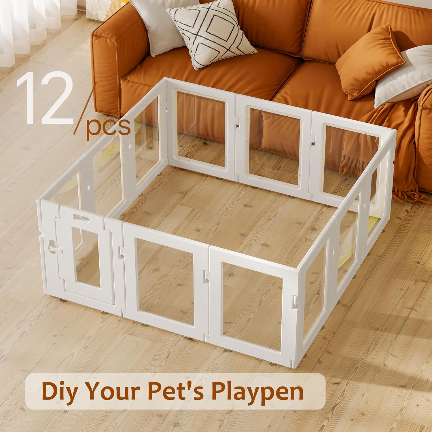 Clear Acrylic Dog Playpen Indoor, Puppy Cat Small Pet Play Pen, Easy Assemble & Disassemble Sturdy Plastic Dog Fence with Heavy Duty Door Lock (24In H, 12Panels), White image 4