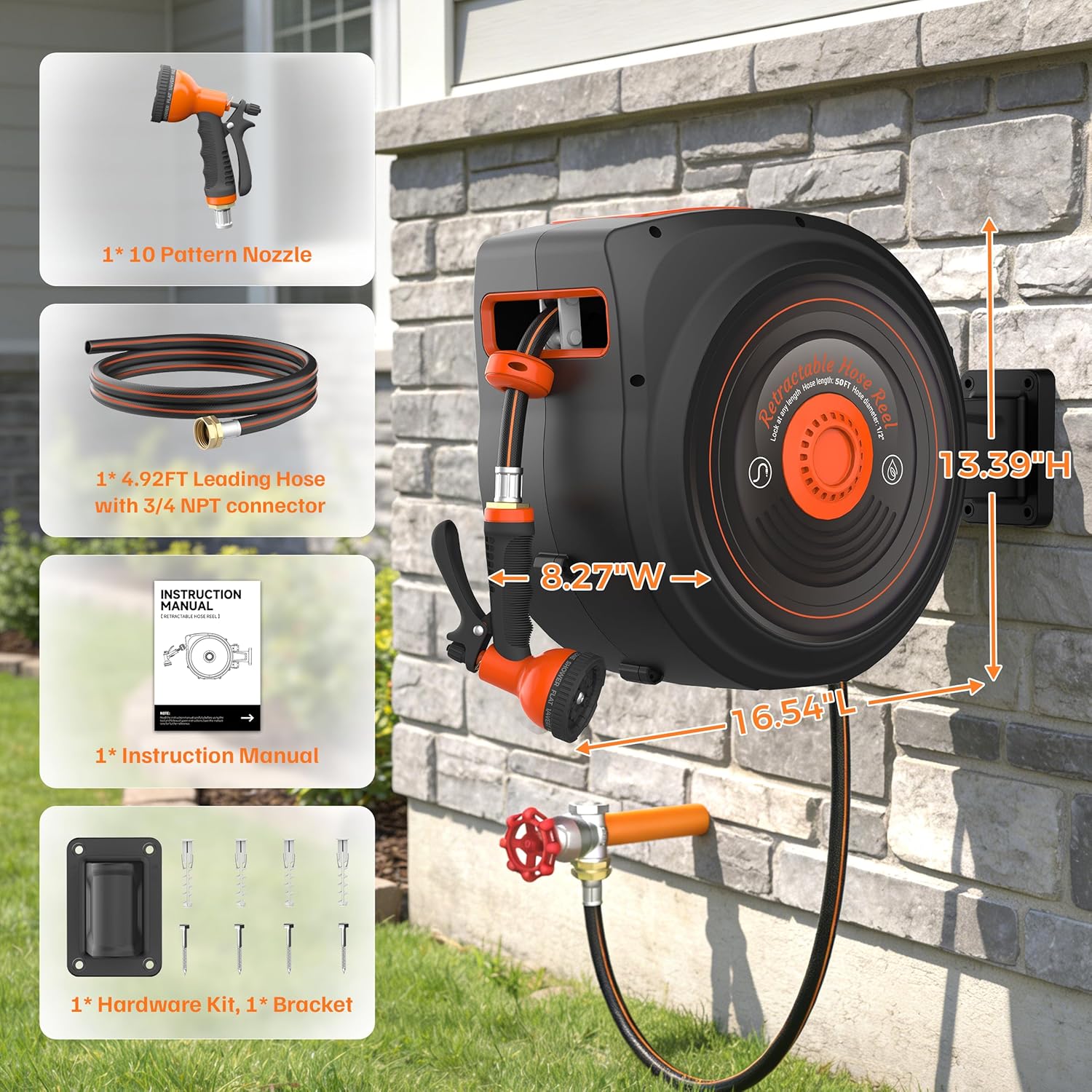 Mars Villa Retractable Garden Hose Reel 1/2 IN x 50 FT, Wall Mounted Heavy Duty Water Hose for Outside, Auto-Rewind & Any Length Lock, 180° Swivel Bracket, Slow Return, 10 Spray Patterns, UV-Resistant