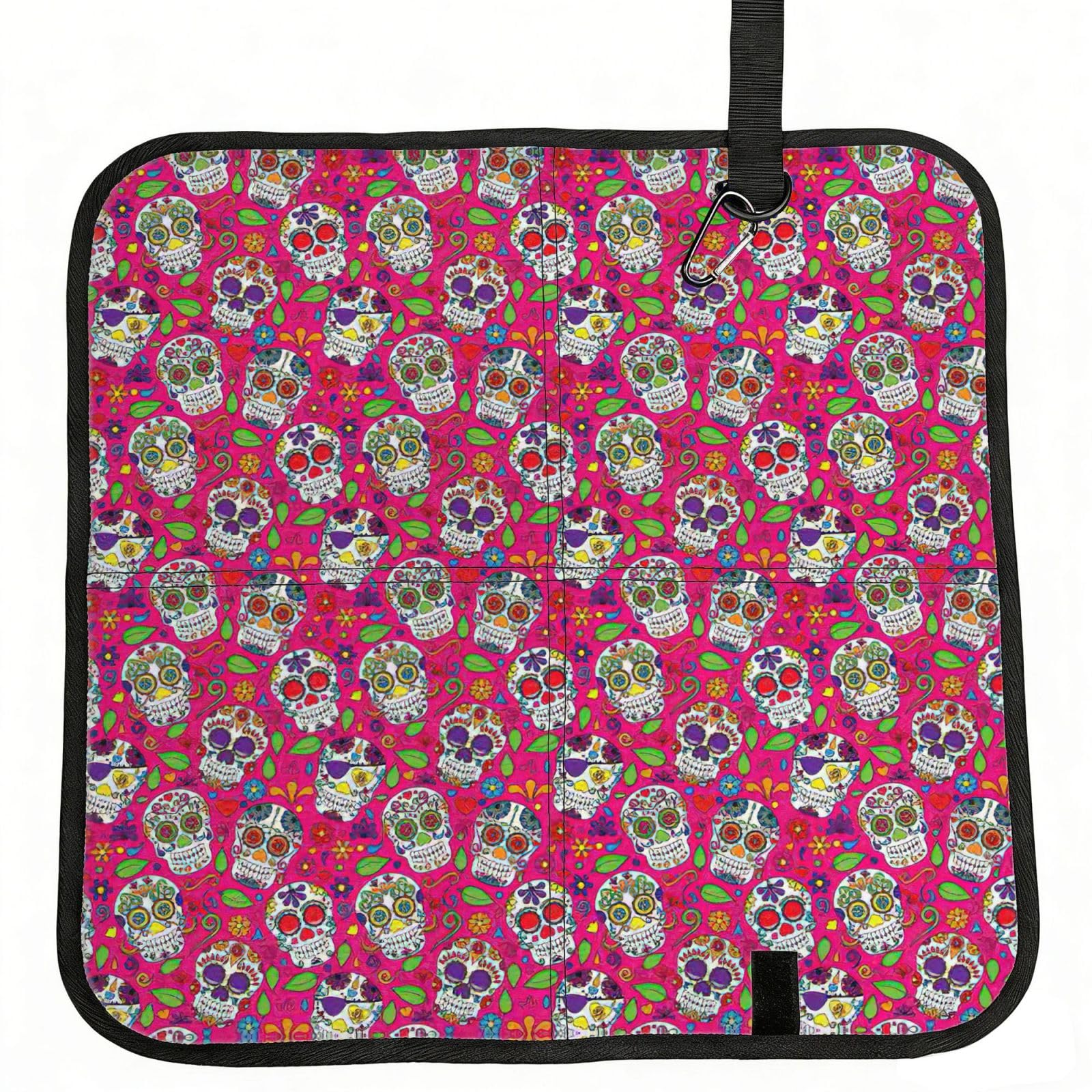 SDEGTHO Skull and Green Leaves Printed Foldable Seat Pad with Closure, Lightweight Cushion for Airplane Travel Camping