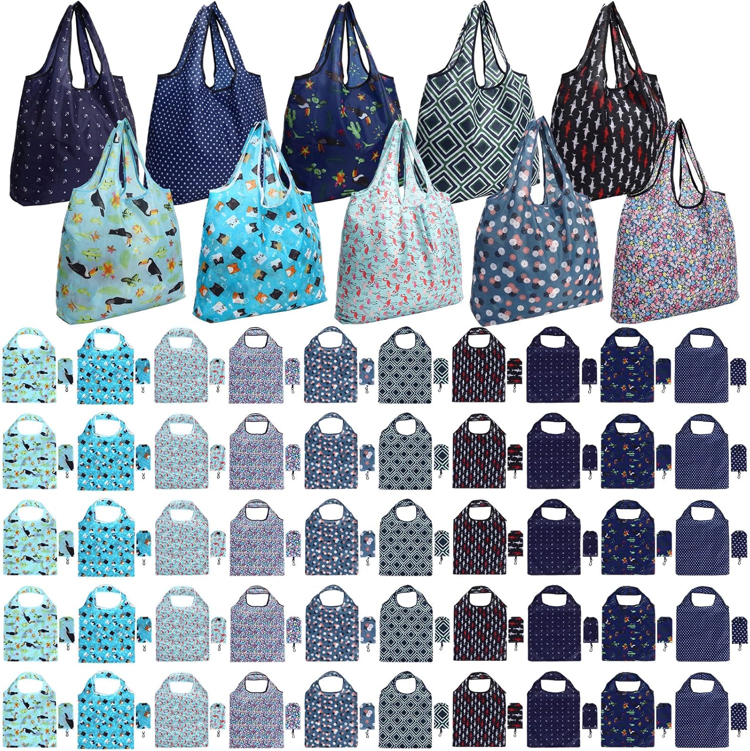 Tanlade 50 Pcs Reusable Grocery Shopping Bags Large Foldable Tote Bag with Handle Washable Bag Heavy Duty with Pouch Attached