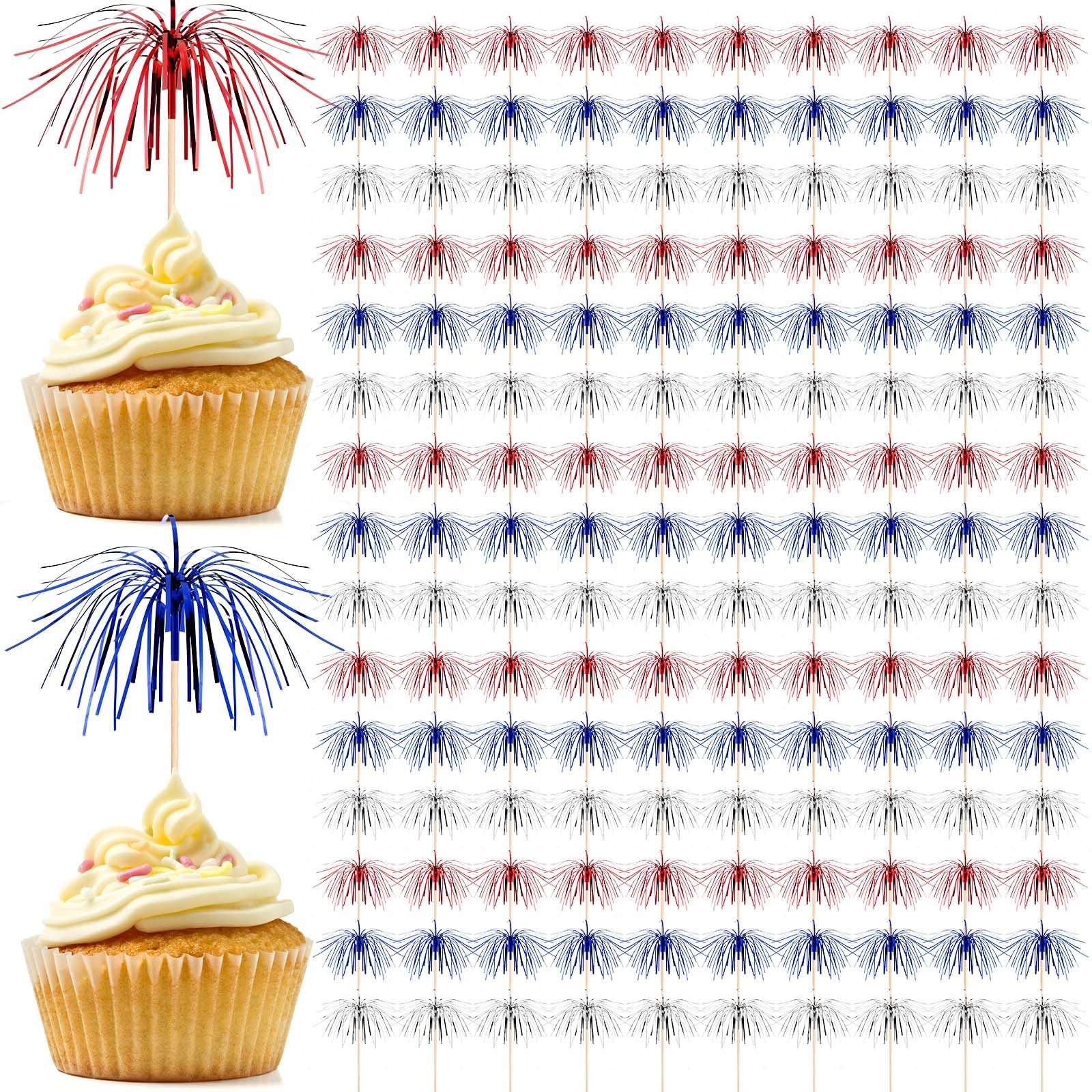 Baderke 150 Pcs 4th of July Cocktail Picks, Cupcake Toppers Firework Design Bamboo Toothpicks Red White Blue Cocktail Skewers Sticks for Party