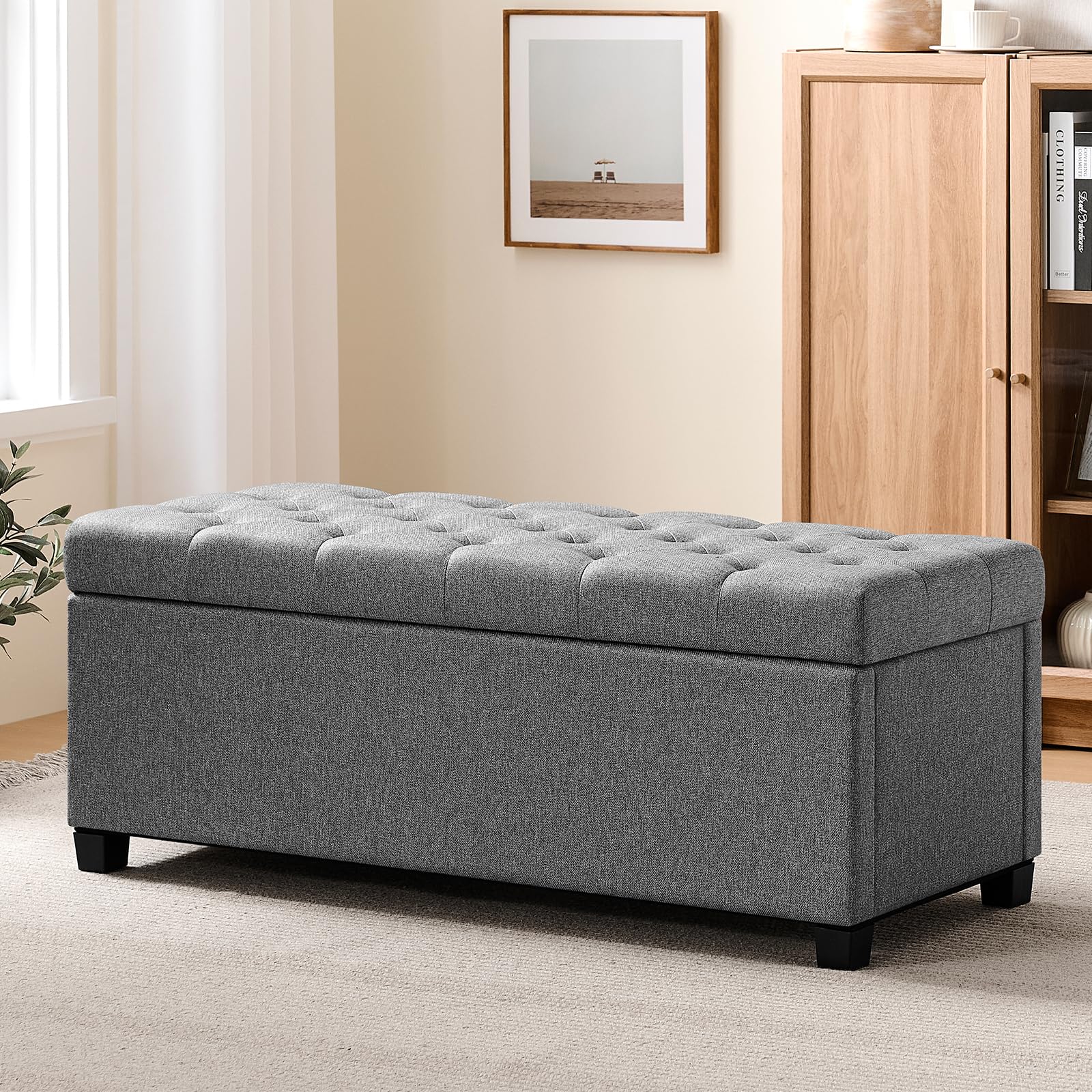 47.2" ottoman with storage, storage ottoman bench with safety hinge,tufted end of bed bench, upholstered entryway bench for bedroom, living room & window (lightgrey-upgraded version)