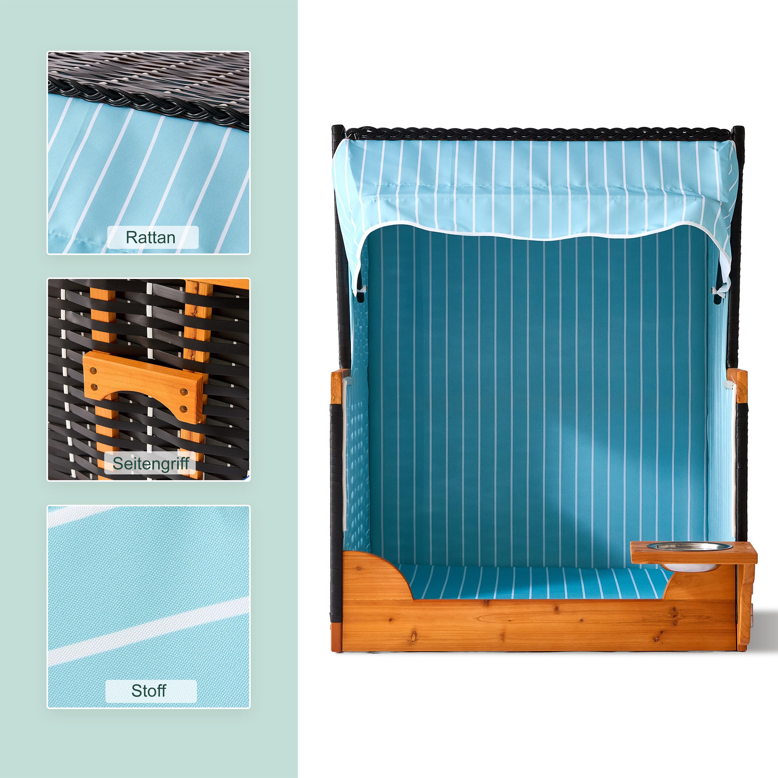 Relaxdays Hundestrandkorb, Rattan, mit Napf, Hundesessel mit Dach, HBT: 95x75x65 cm, Garten & Terrasse, Holz, hellblau