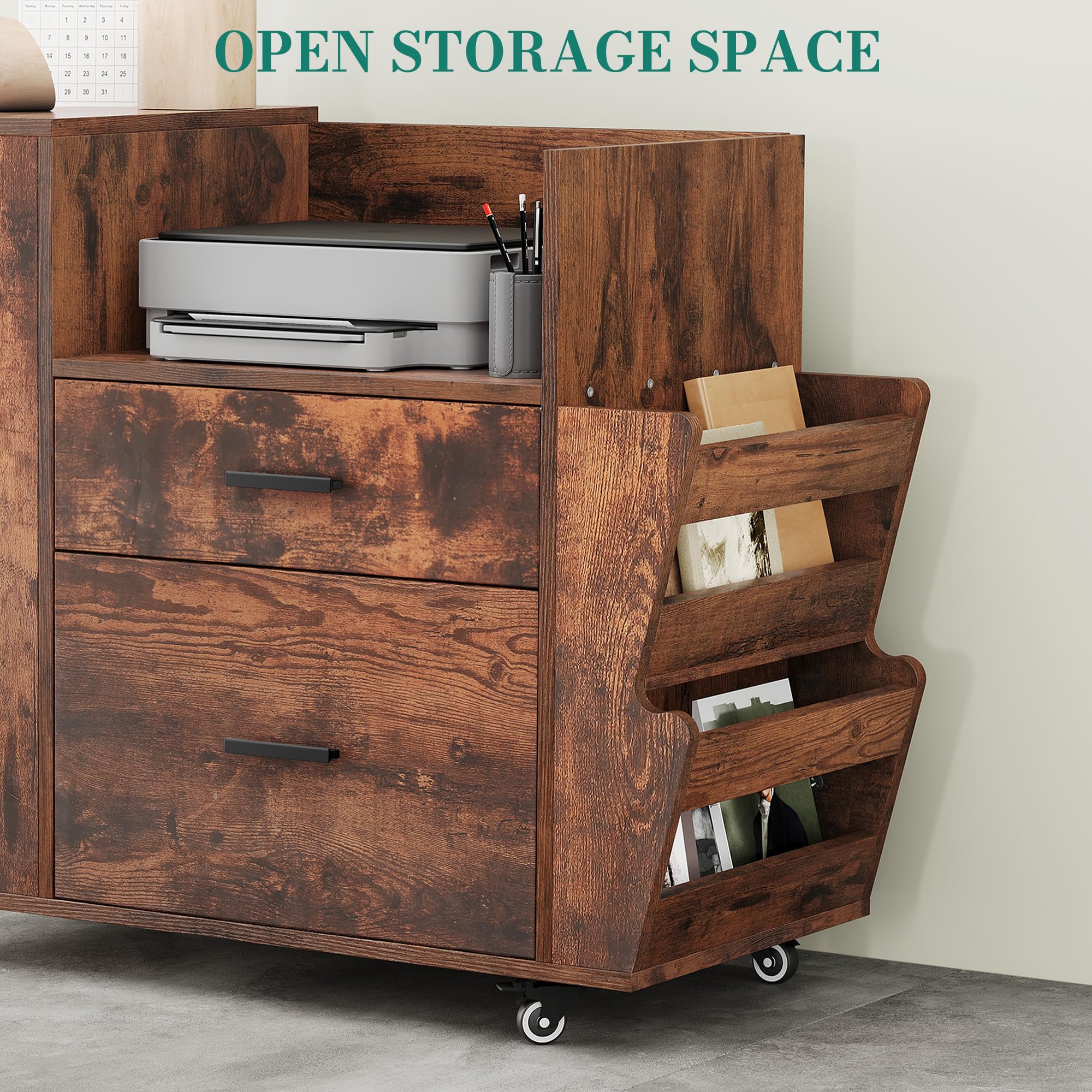 YITAHOME Rolling Aktenschrank mit Seitenhaltern und 4 Rädern, Braun