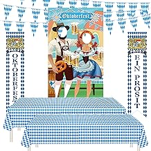 PLULON Lot 6 décorations fête l'Oktoberfest toile fond photo l'Oktoberfest bannière bienvenue panneau nappe bavaroise drapeau carreaux fête thème allemande blanche bleue fournitures festival la bière