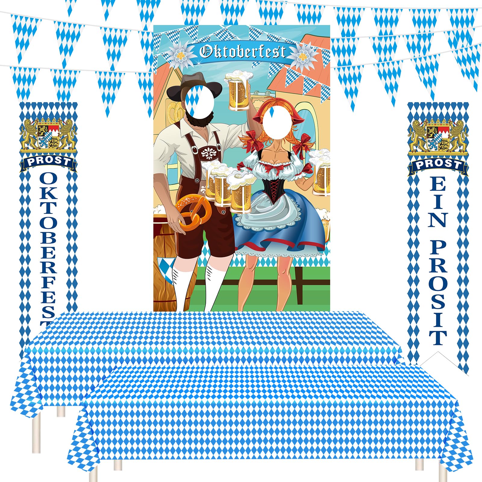 PLULON 6 Pcs Oktoberfest Decorations Party Kit, Oktoberfest Photo Backdrop Porch Welcome Banner Sign Bavarian Tablecloth Check Flag German White and Blue Theme Party Beer Festival Party Supplies