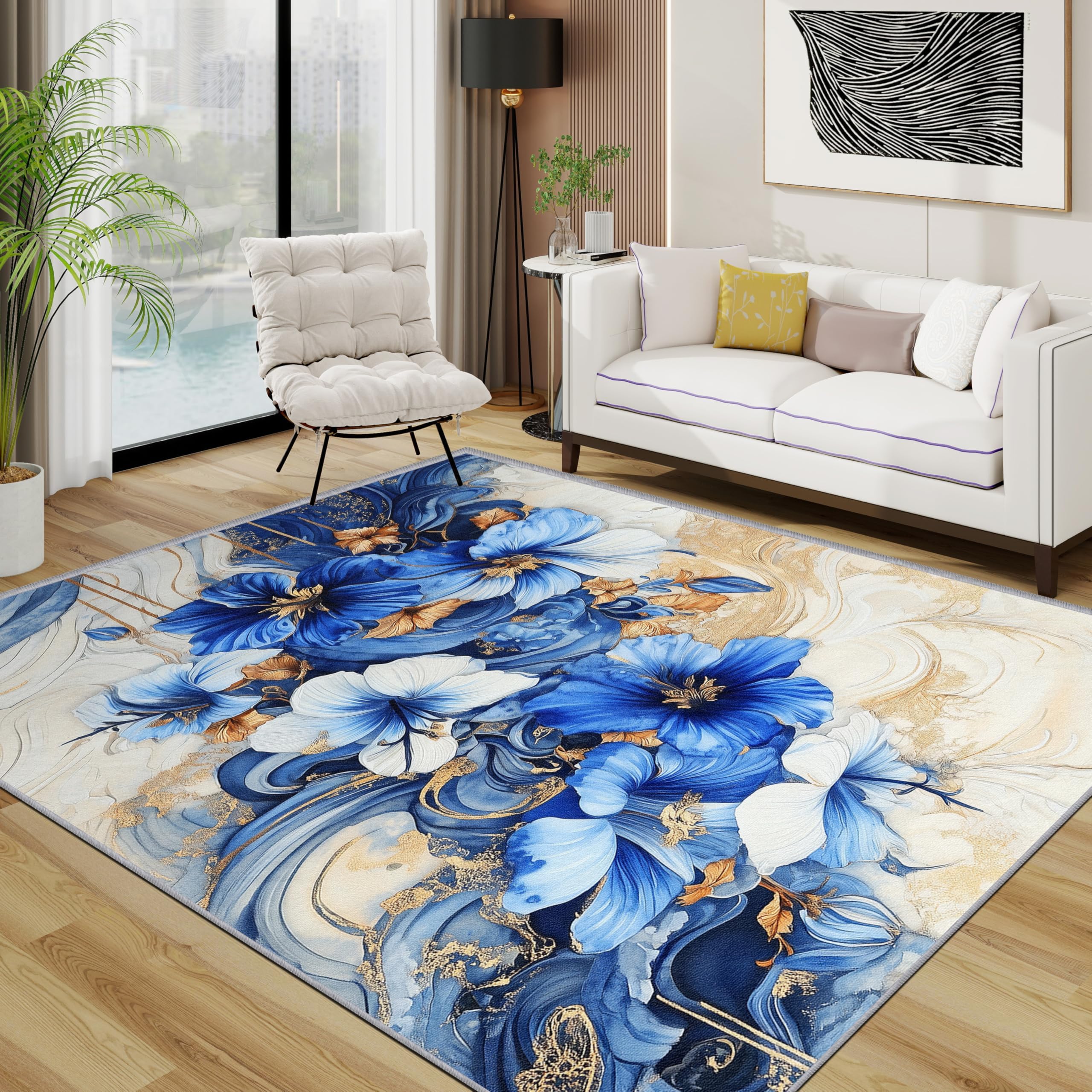 Floral Area Rugs for Living Room 120x180 - Luxury Botanical Rug for Bedroom, Modern Flower Artistic Non Slip Washable Short Pile Carpet, Floral House Decor