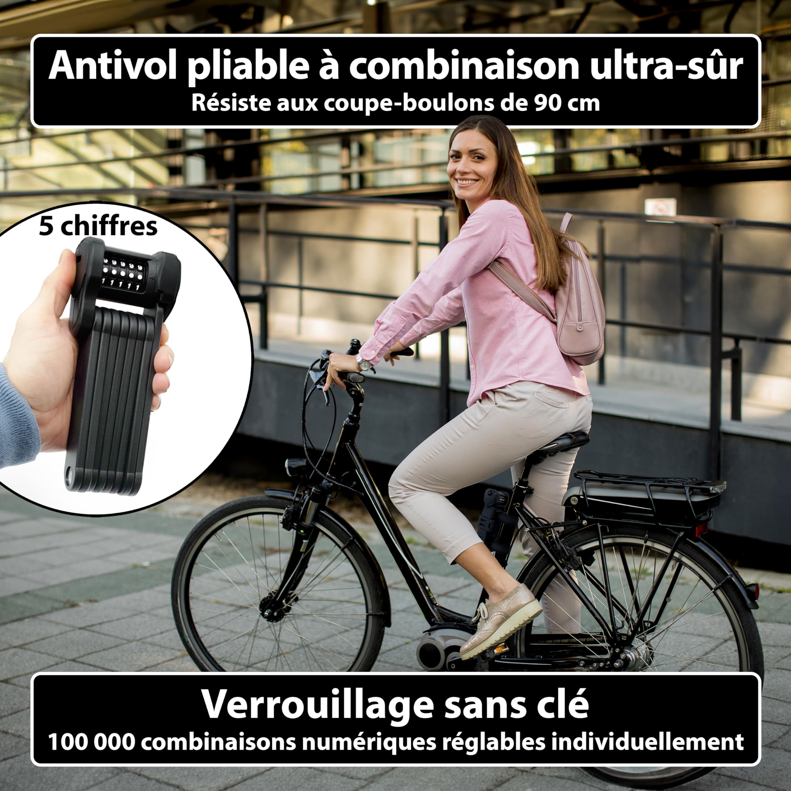 KOHLBURG Antivol vélo à combinaison avec code à 5 chiffres, 101 cm de long | Résistant aux coupe‑boulons, Antivol pliable type Vienne avec support haute sécurité, pour vélo e‑scooter vélo électrique
