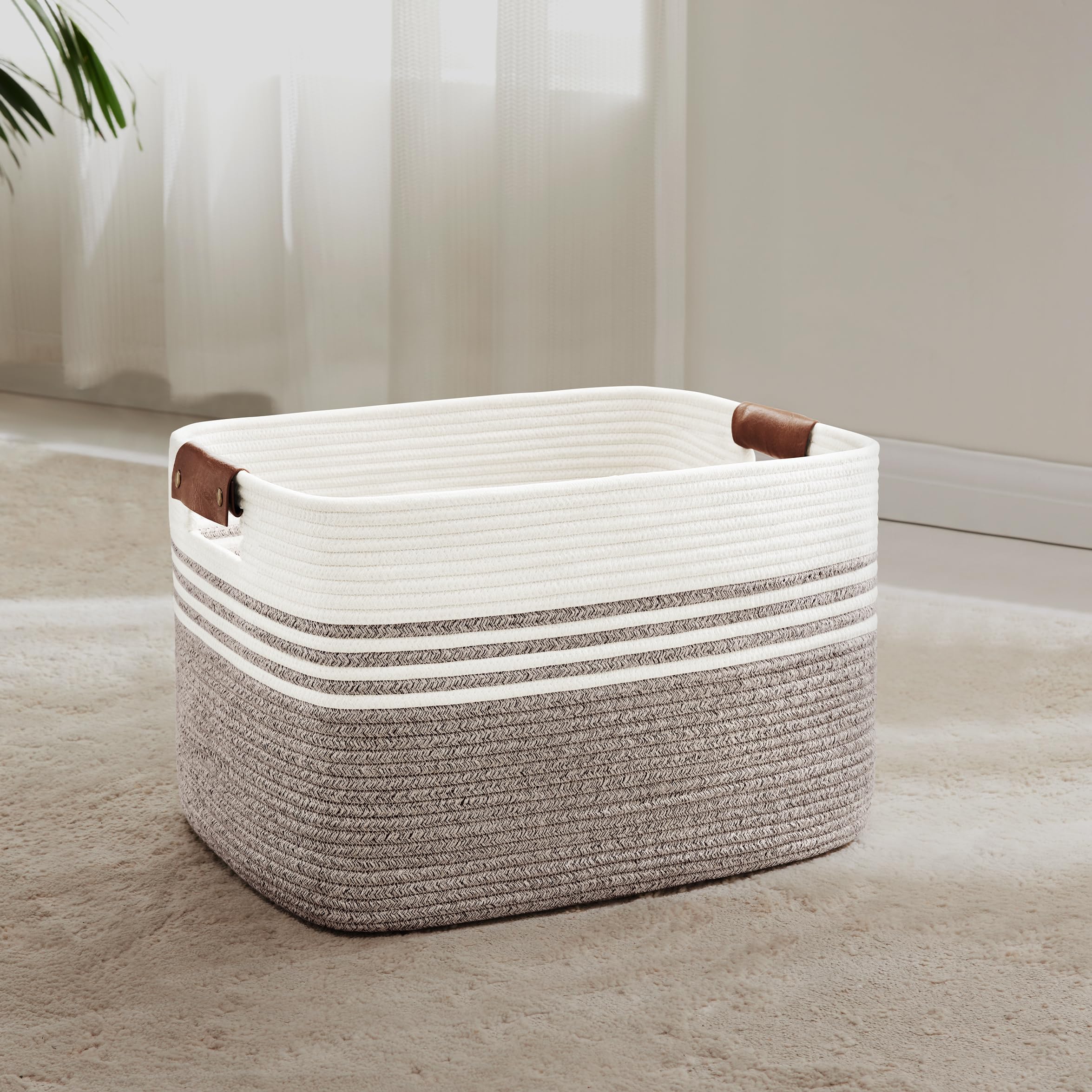 MYHOMMATTO 45L Small Laundry Basket with Leather Handles for Living Room Storage, Woven Rope Baskets Bin for Blanket, Kids Toy, Gifts, Wicker Hamper for Bedroom Dirty Clothes, 18"x14"x11" Dark Brown