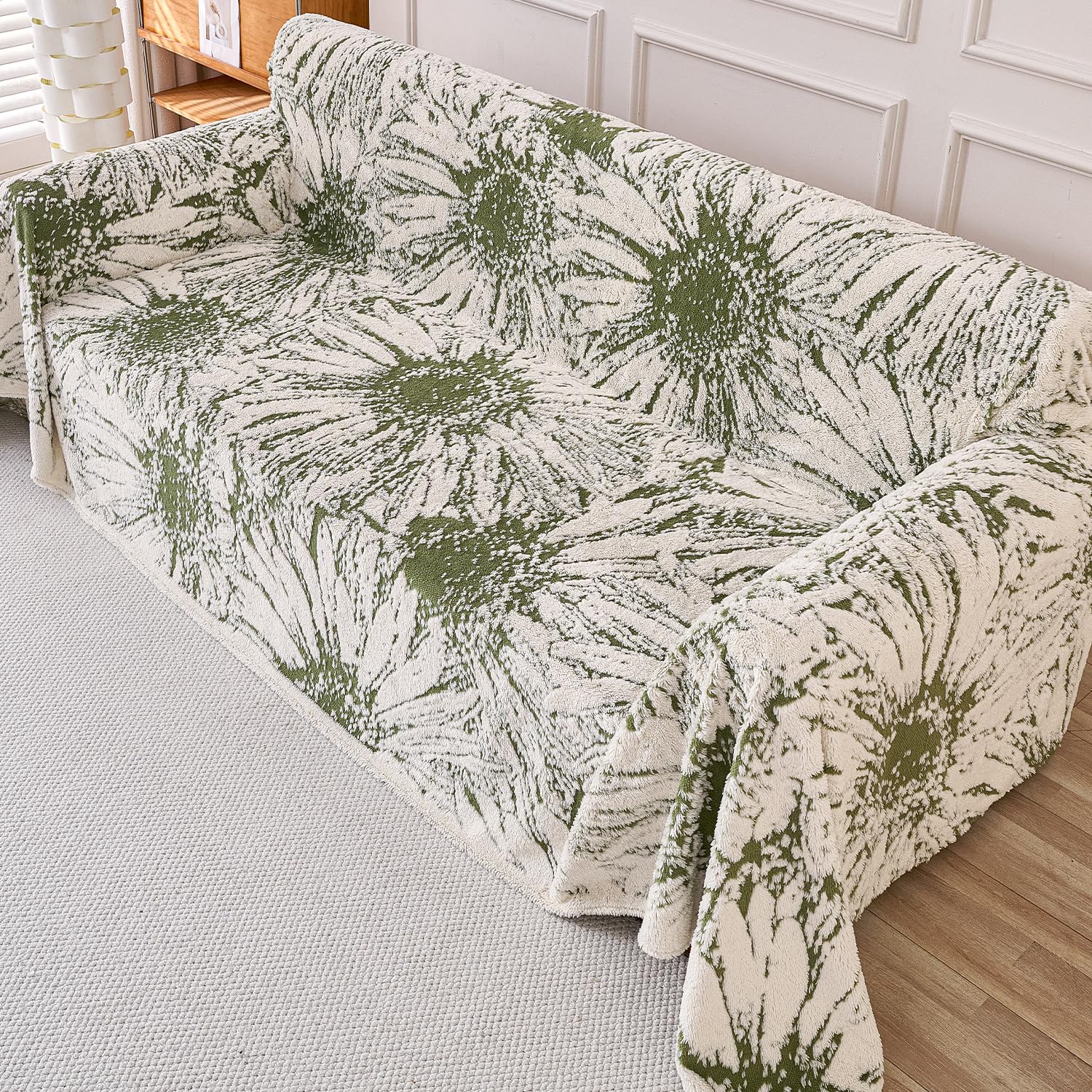 HOKIPO Soft Cotton Fleece Plush Sofa Throw for 3 Seater Sofa – Luxury All-Season Sofa Cover, 'DaisyBloom Series' Moss Gree... - Review, Price and Buying Guide