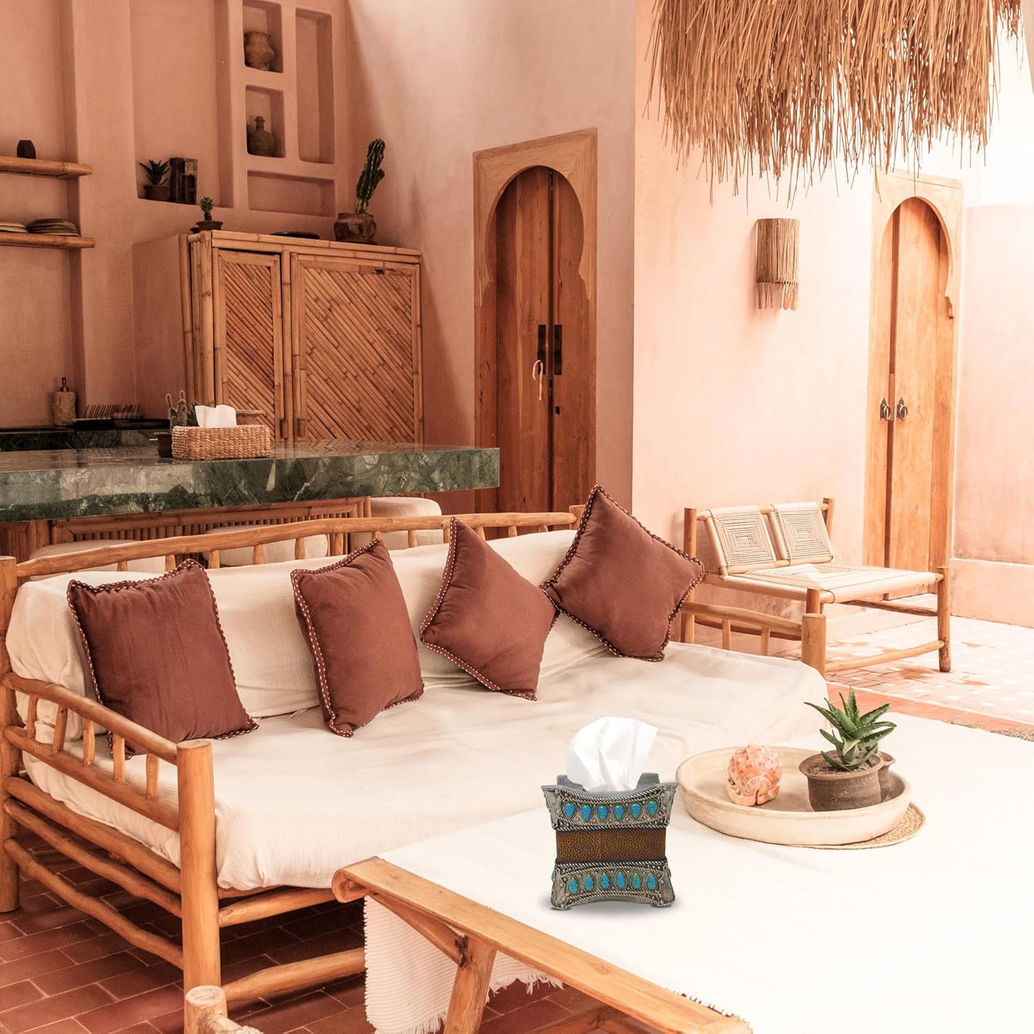 Decorative Resin Faux Leather Tissue Box Cover with Turquoise Gem–Southwest Native American Style Tissue Box Holder–Premium Resin Tissue Box Cover Square for Tissue Cube Boxes–Unique Home Décor Accent