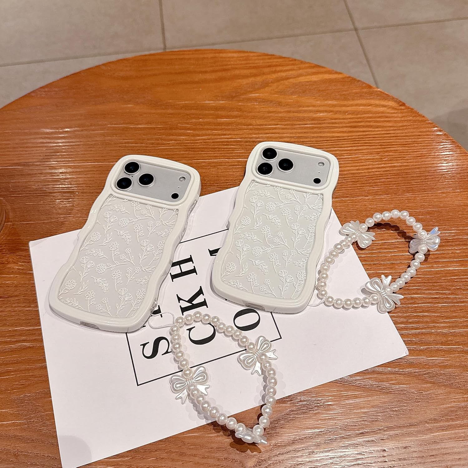 Compatible for iPhone 17 Pro Case for Women Girls,Cute Curly Wave Wavy Frame Shape Shockproof Soft TPU 2 in 1 with Bow Bracelet Flower Floral Phone Cove for Women Girl - Image 4