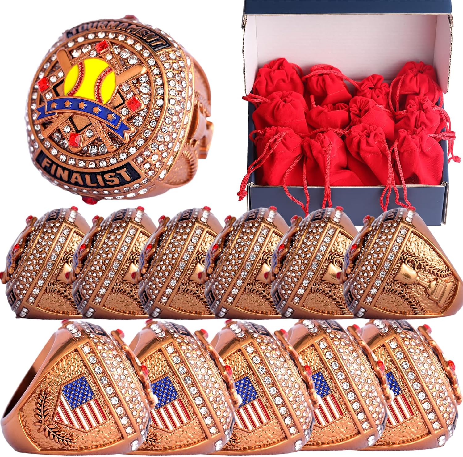 2 pcs Pack or 12 pcs Pack Softball Championship Trophy Ring Award Gift for Tournament Champion Team palyers Awards Trophy on Side Size 9.5 (12 pcs Bronze Generic Finalist Rings)