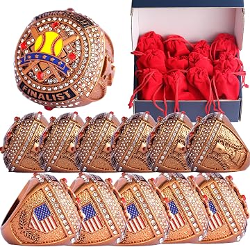 2 pcs Pack or 12 pcs Pack Softball Championship Trophy Ring Award Gift for Tournament Champion Team palyers Awards Trophy on Side Size 9.5 12 pcs Bronze Generic Finalist Rings