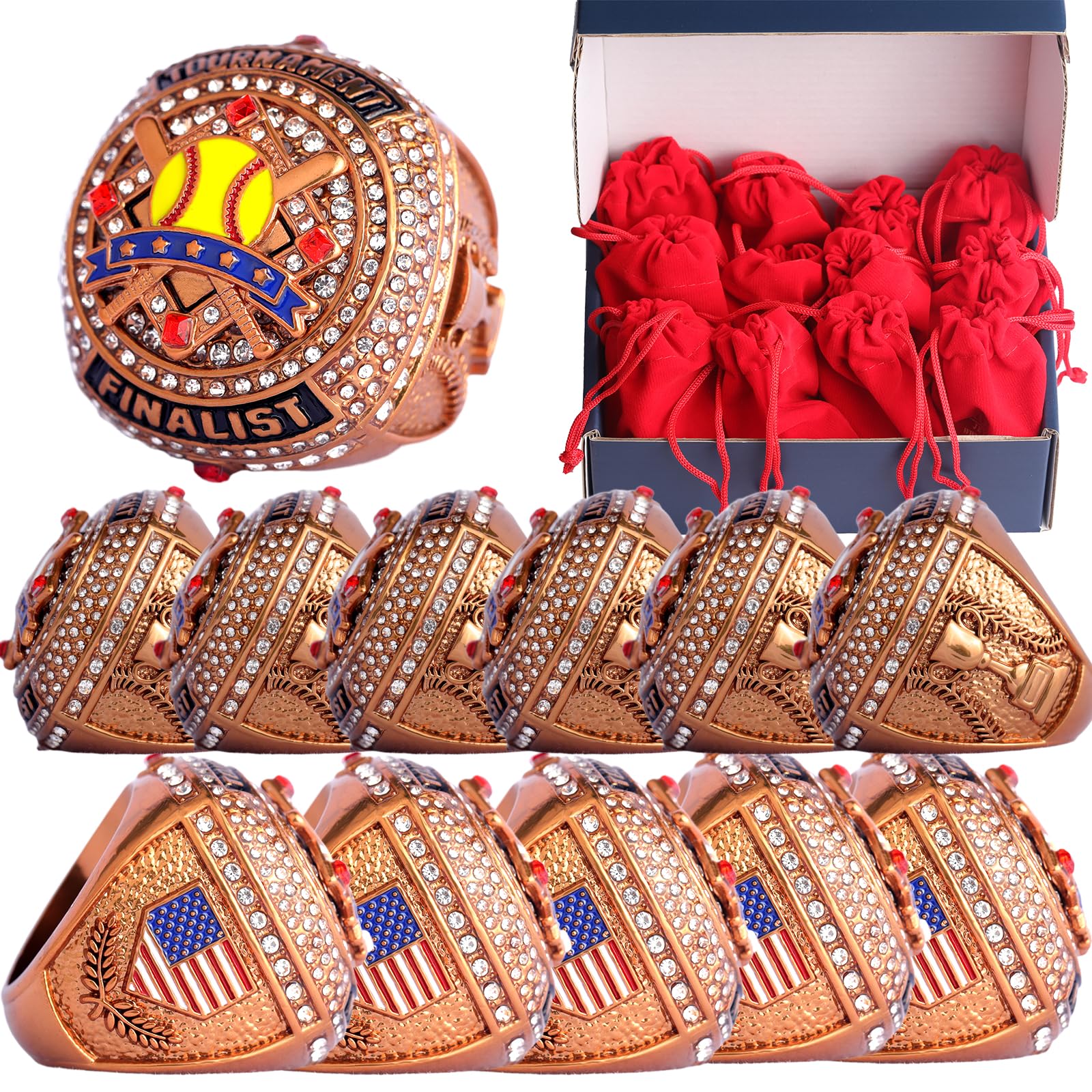2 pcs Pack or 12 pcs Pack Softball Championship Trophy Ring Award Gift for Tournament Champion Team palyers Awards Trophy on Side Size 9.5 (12 pcs Bronze Generic Finalist Rings)
