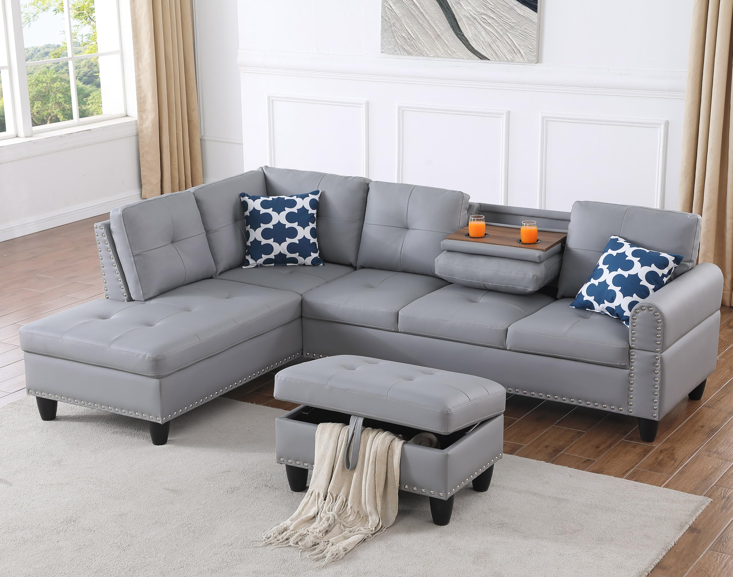 ACQCA 98" Faux Leather Sectional Sofa with Left Facing Chaise, L-Shaped 5 Seater Conrner Couch with Removable Storage Ottoman and Hidden Cup Holders