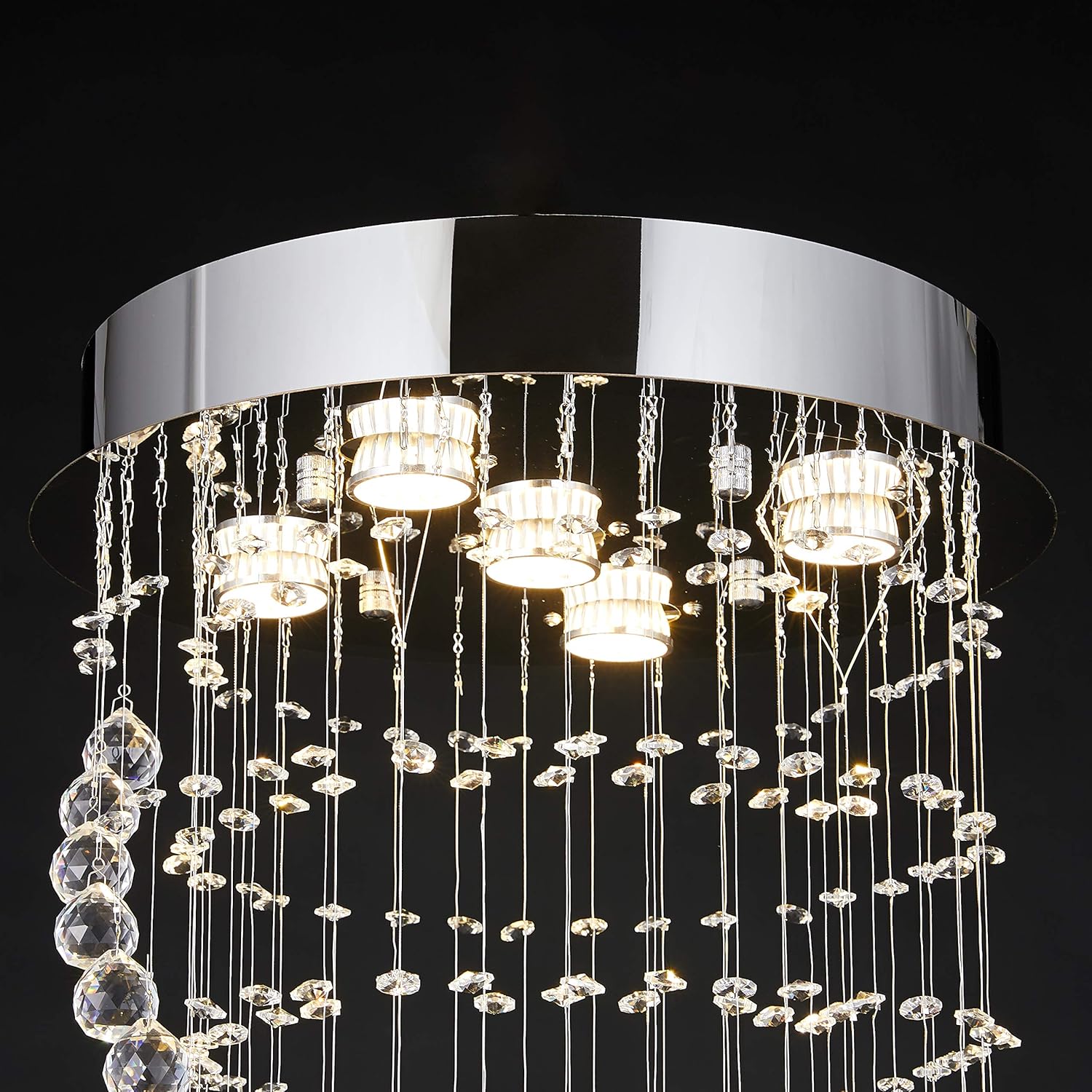 Promo 40% OFF Loclgpm H63'' Glam Crystal Raindrop Chandelier, Modern Spiral Flush Mount Ceiling Light Fixture, 5 Lights LED Pendant Lighting for Foyer, Staircase, Living Room, Hallway, Stair Lobby