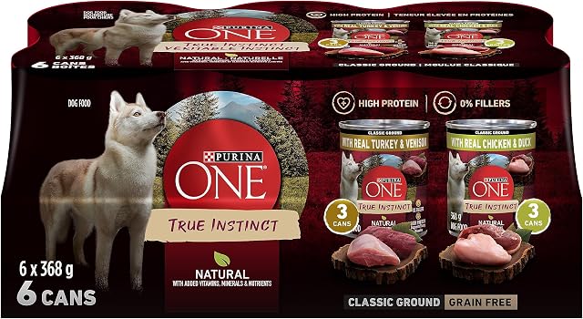 Purina ONE Classic Ground True Instinct Nourriture Humide pour Chien, Paquet Variété 2 Saveurs - Boîte de 368 g (6 Paquets)