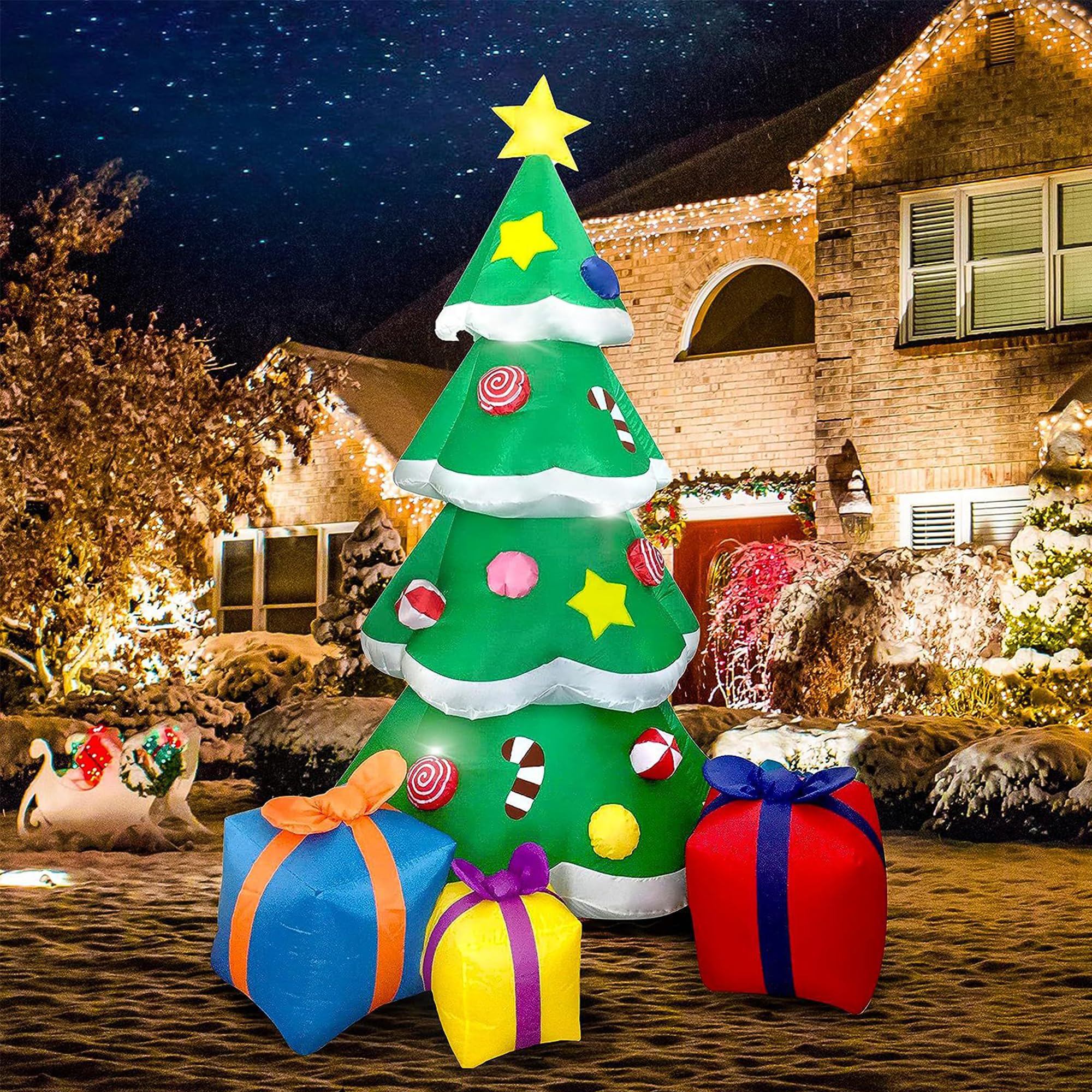 Árbol de Navidad Inflable con 3 Cajas de Regalo, Árbol de Navidad Grande con Luces, Construido en el Compresor de Aire, Decoración Inflable de Navidad para Patio, Jardín, Césped y Plaza