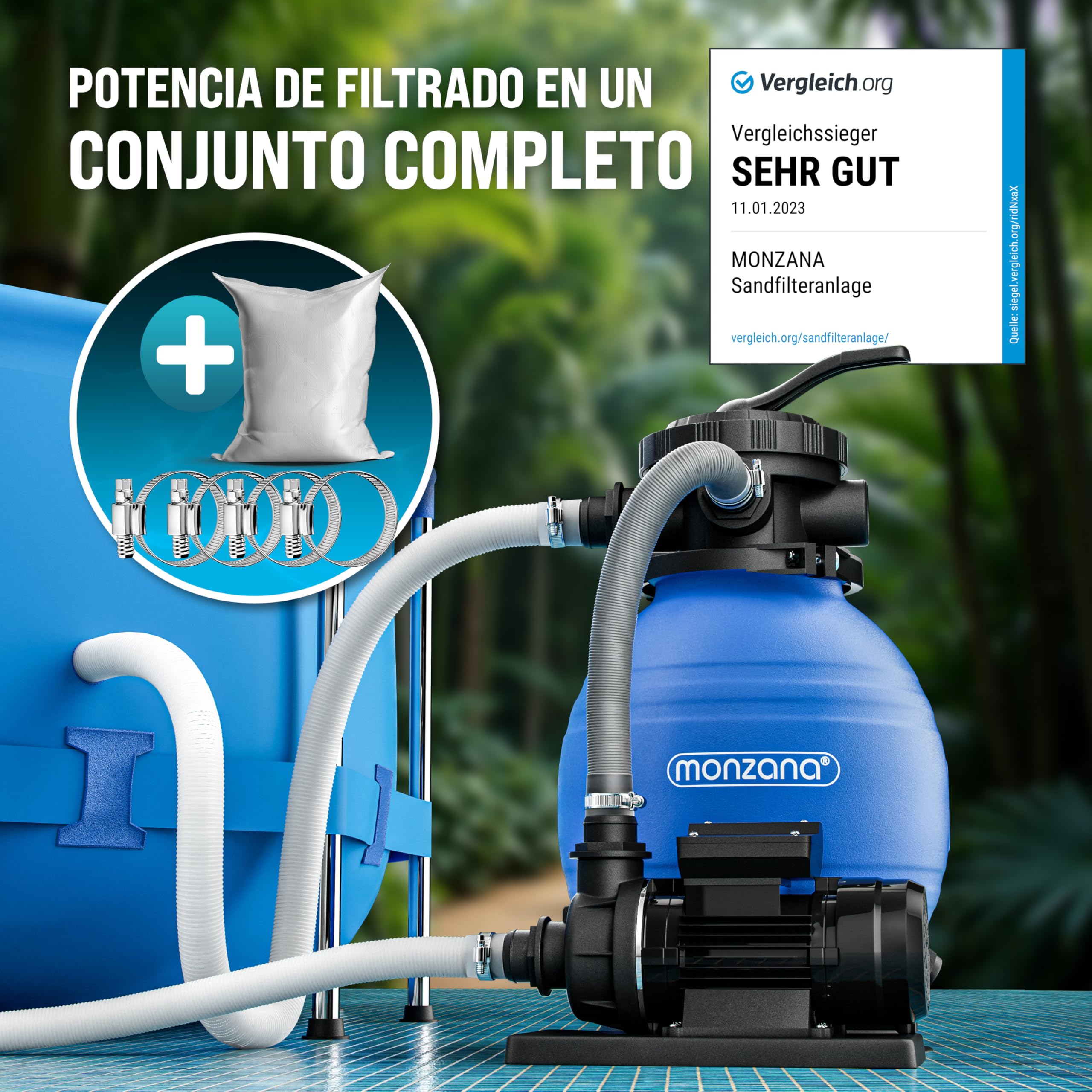 MONZANA® Depuradora Piscina 10.200L/h Filtro de Arena hasta 35.000L incl. Vidrio Filtrante Válvula 7 Funciones Filtrado 450W Adaptador Ø32-38mm Bomba Indicador de Presión
