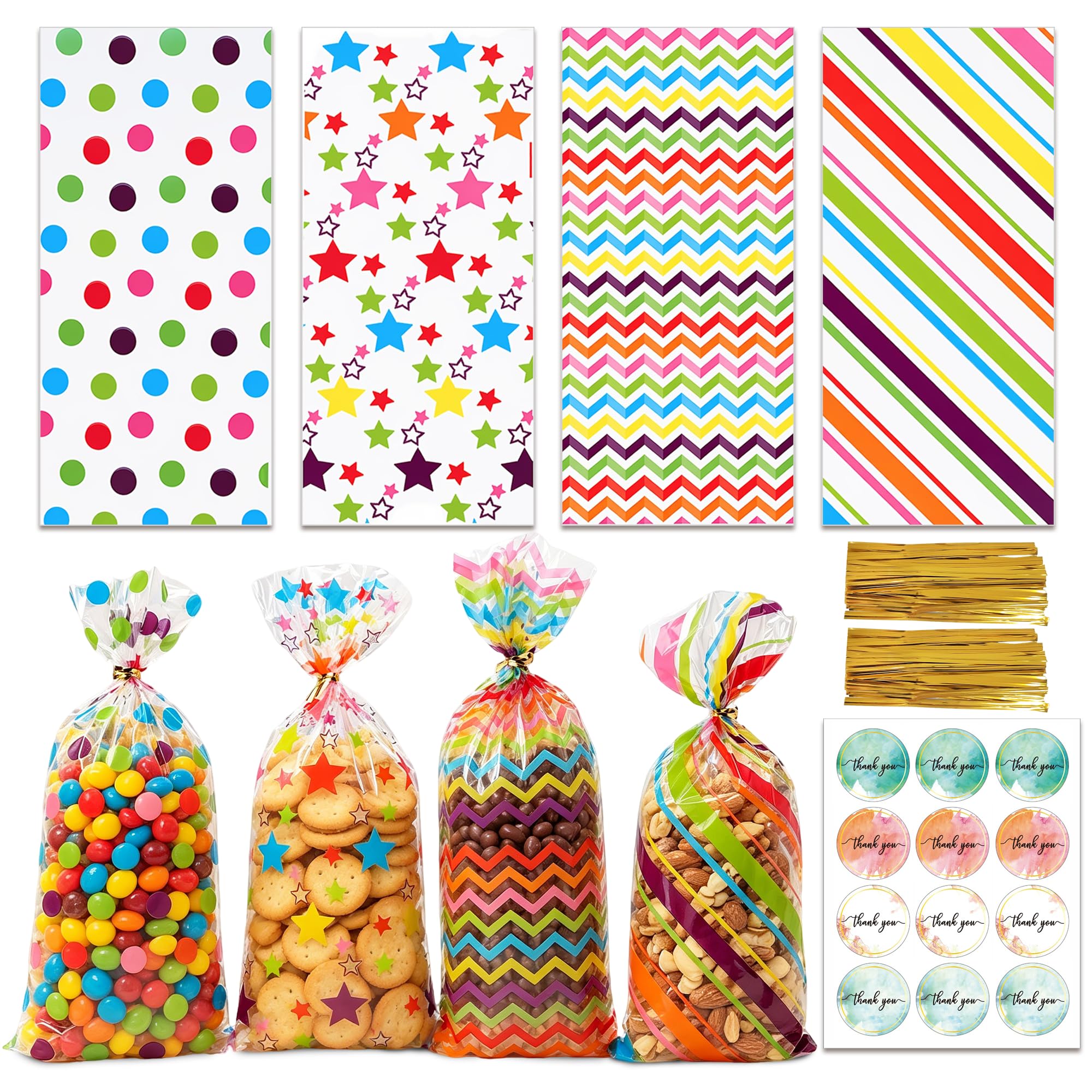 100 Pcs Rainbow Cellophane Candy Bags with Thank You Stickers