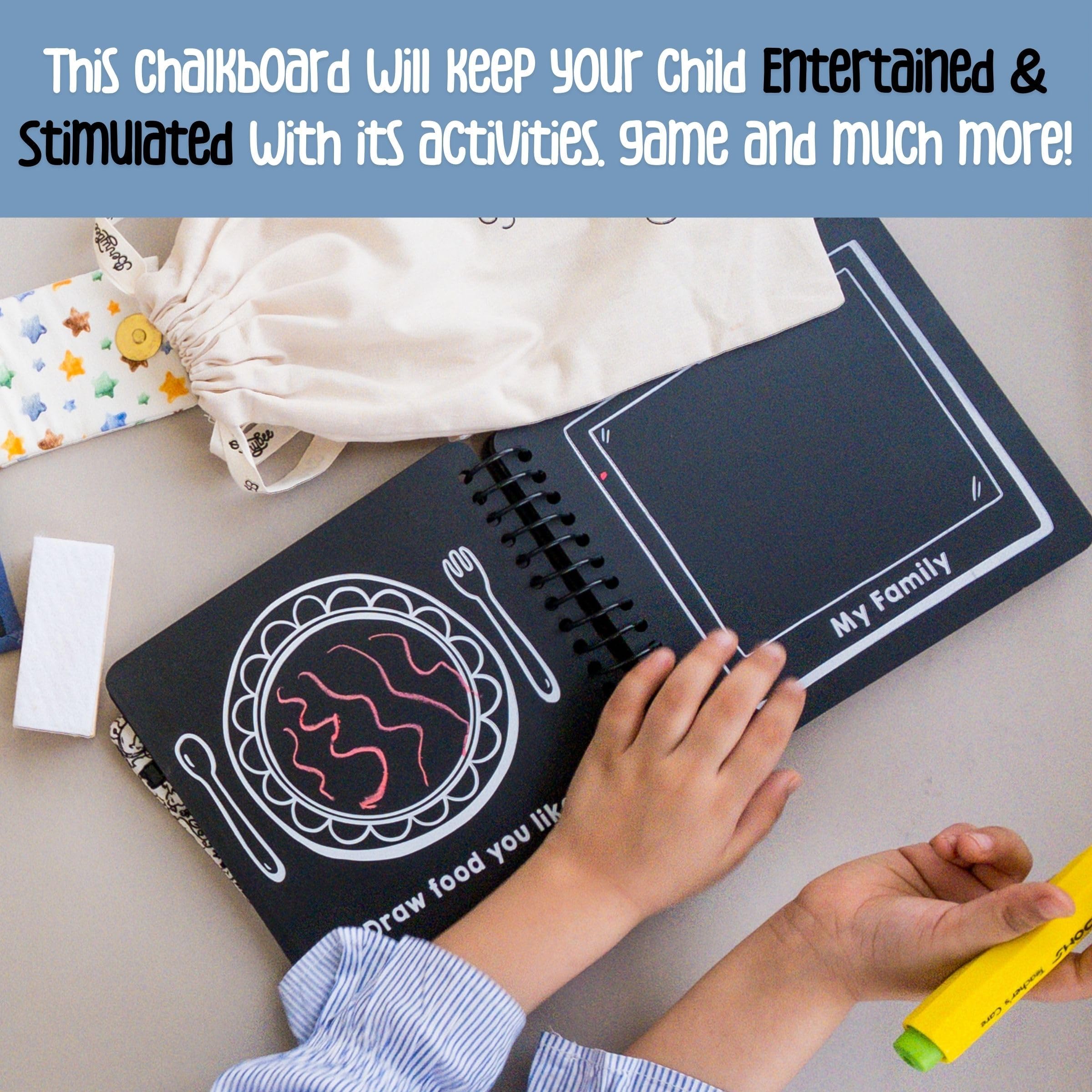 Berrybee Kids Reusable Chalkboard Activity Book | 12 Erasable Learning Activities with Chalk & Holder | Portable Screen-Free Educational Travel Toy for Boys & Girls Age 4+ 4
