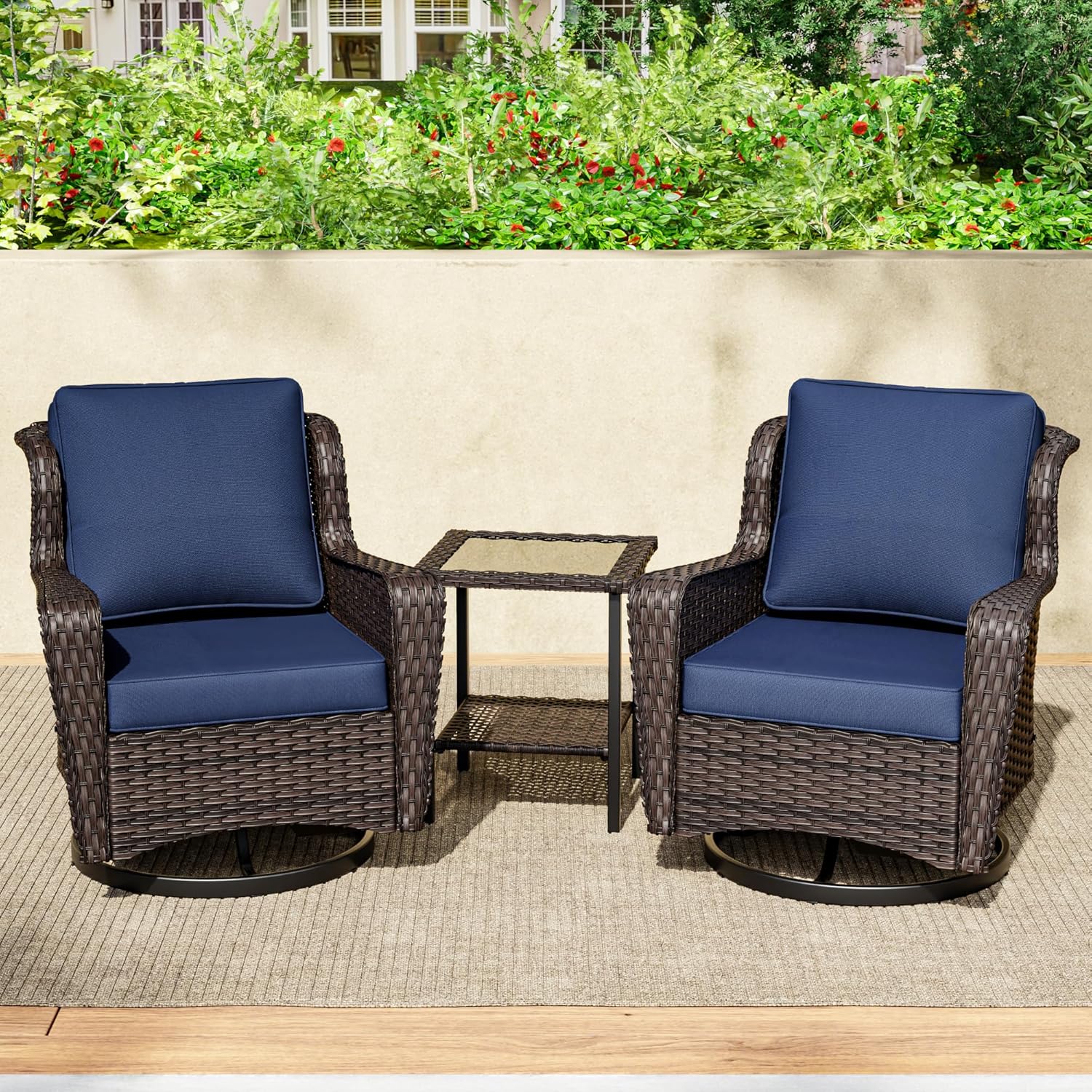 3 Pieces Swivel Rocking Chair Set with 1 Side Table and 2 Outdoor Chairs Patio Furniture Set, 4" Removable Seat Cushions and Wide Armrest for Garden, Backyard, Porch (Blue)