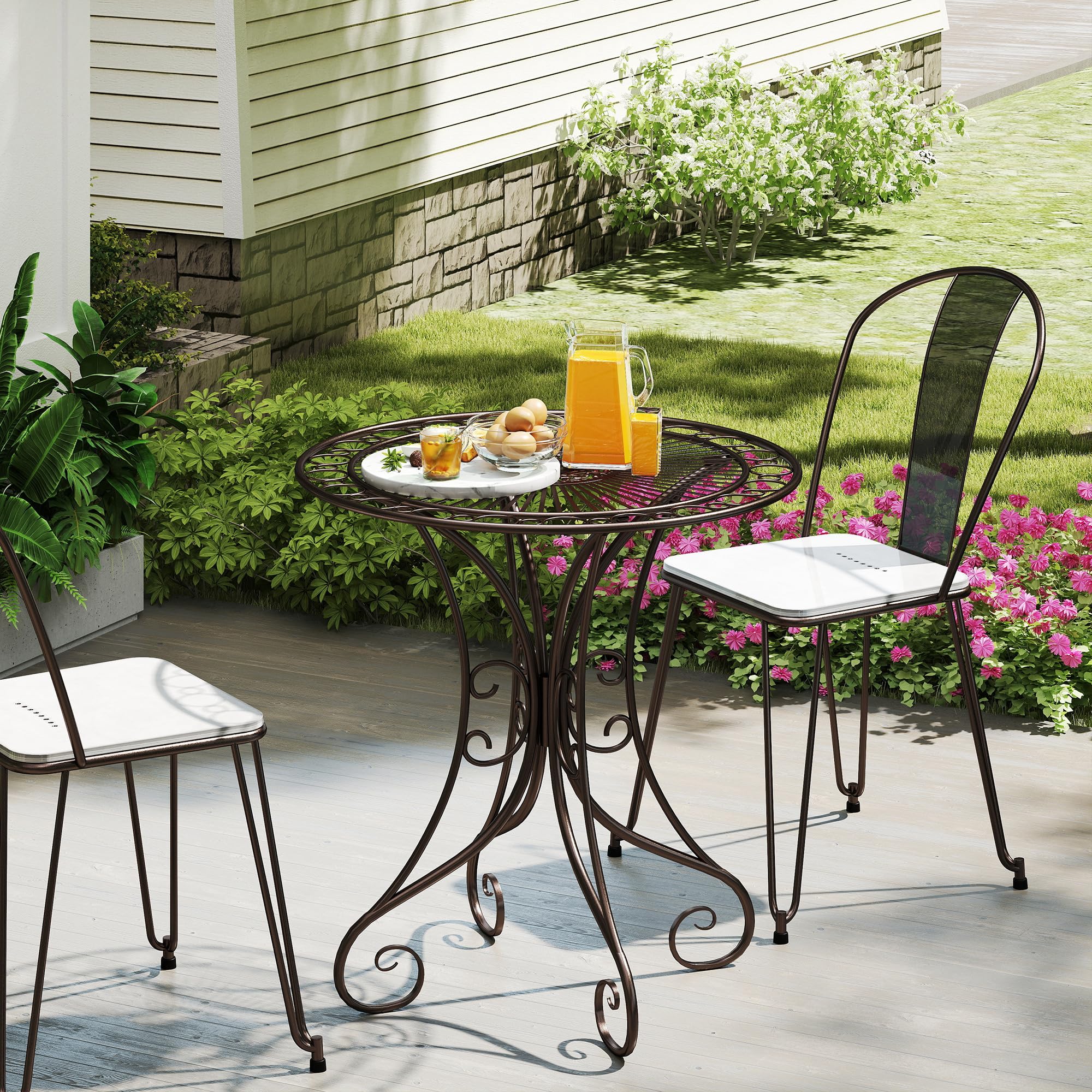 Outsunny Gartentisch rund Ø 85 cm, Terrassentisch Metallrahmen, 50 kg belastbar, für innen und außen, für Balkon, Veranda, braun Garten