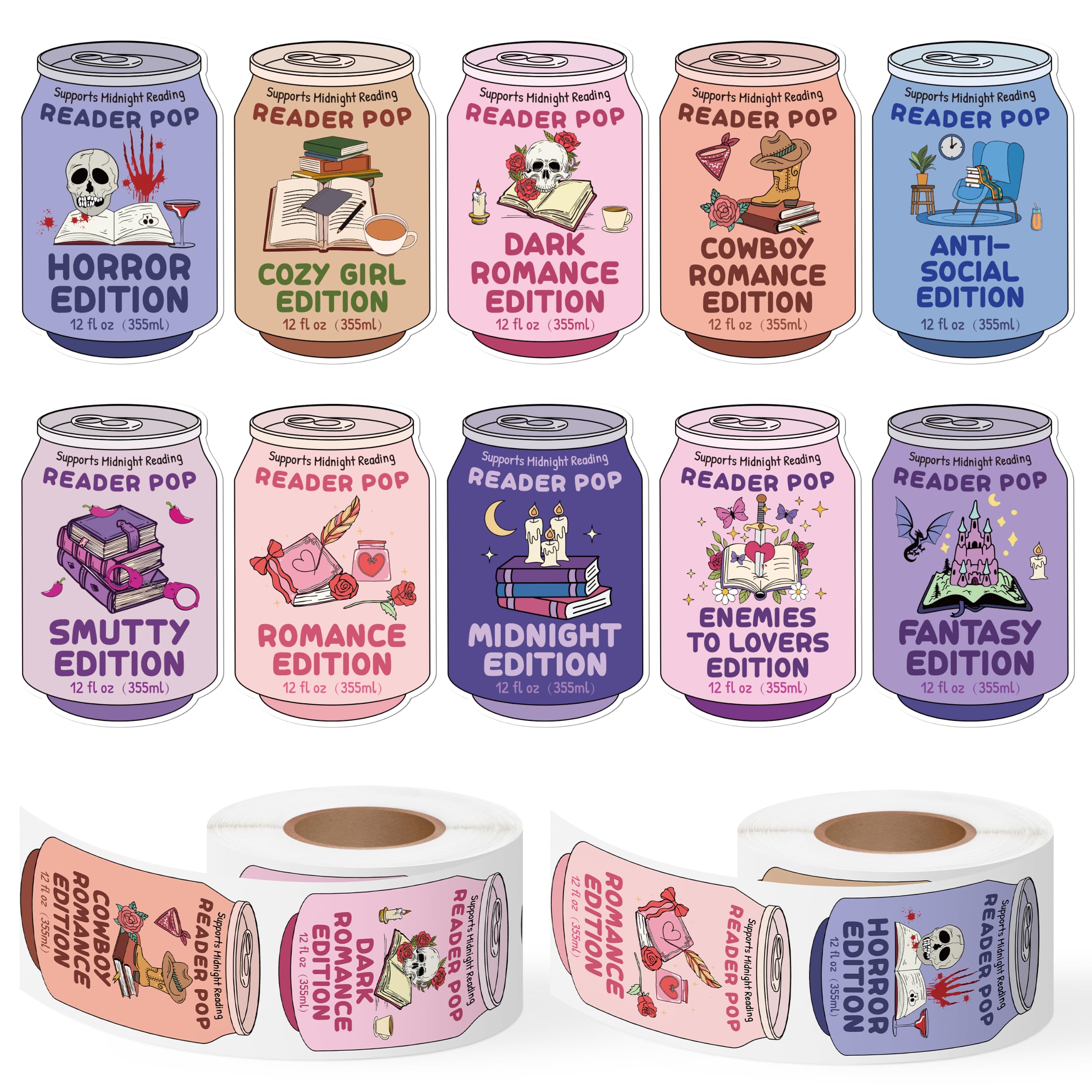 Drinks Soda Ticket Sticker - 2 Roll &amp; 10 Designs Bookish Genre Edition Design Waterproof Vinyl Self Adhesive for Laptop Water Bottle Journal Scrapbook Reading Log Classroom Reward Chart Gift