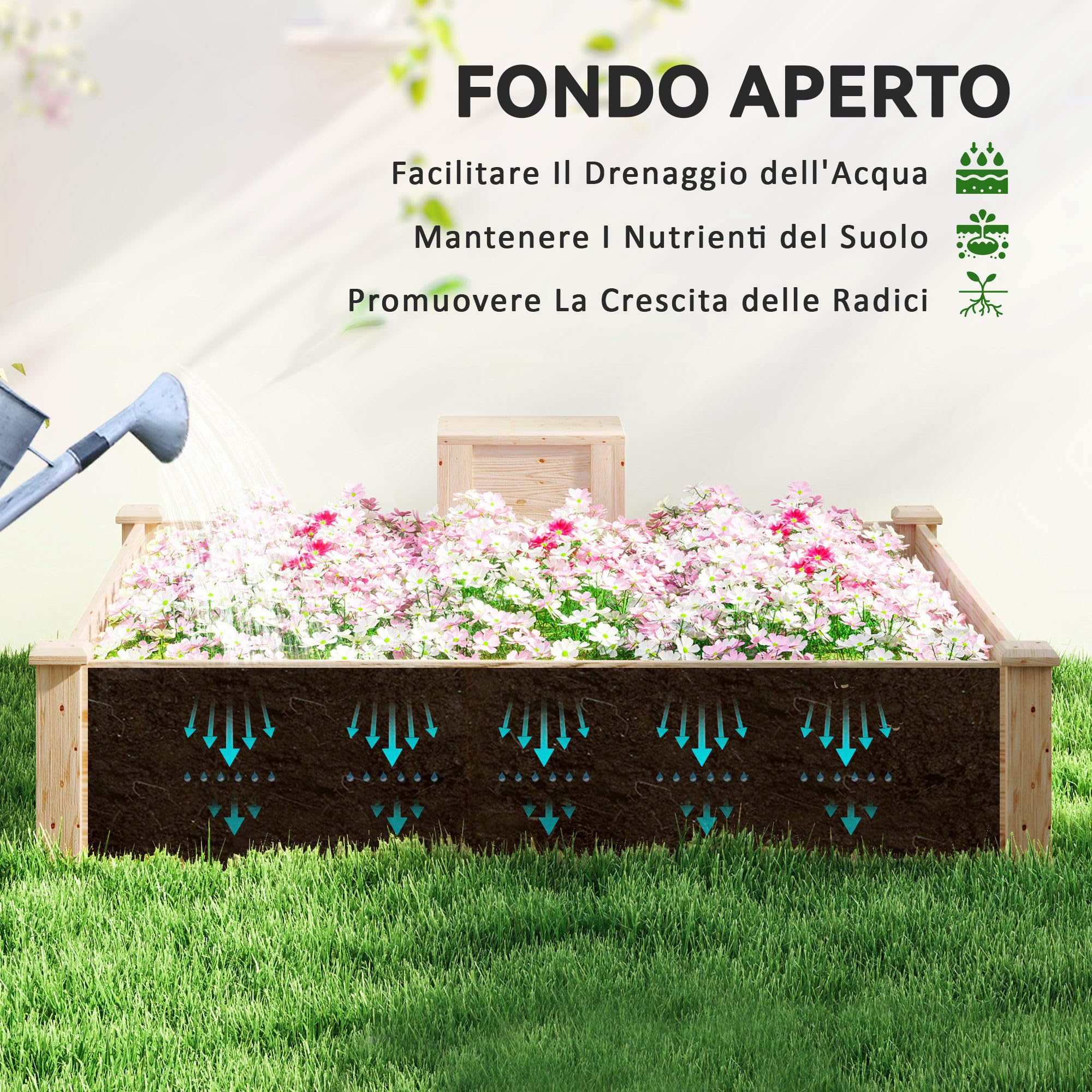 Outsunny Letto per Orto Rialzato da Esterno 123x123x25.5 cm Color Legno | Con Compostiera, Fondo Aperto, Fioriera da Esterno in Legno di Abete, per Piante e Fiori
