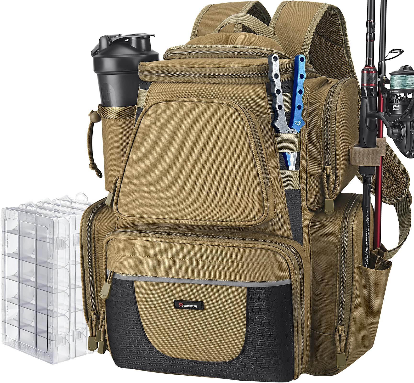 Piscifun Fishing Backpack with 2 Rod Holders & 4 Tackle Boxes, Large Tackle Storage Bag With Rain Cover for Fishing Gear