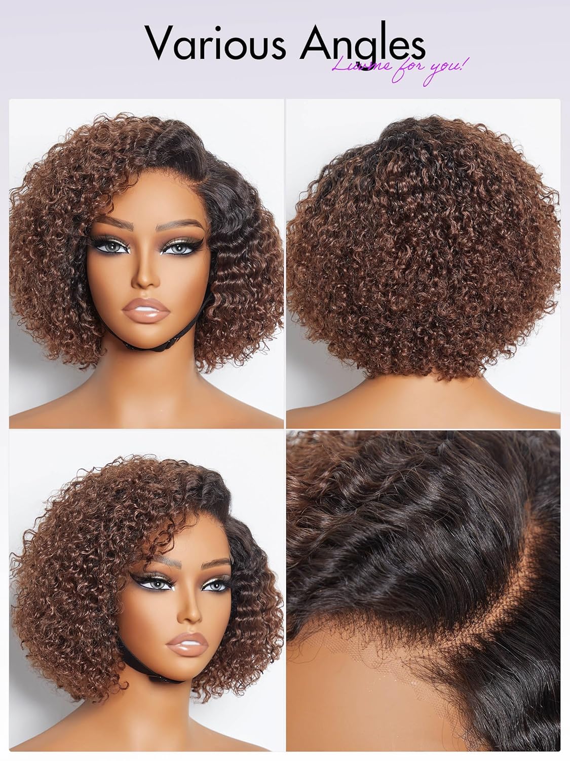 LUVME HAIR 8 Inch Kinky Curly Ombre Brown Bob Wig Human Hair Pre Cut Glueless Without Spray HD Lace Closure Wig, Natural Black with Brown Side Parted Short Curly Wigs For Women