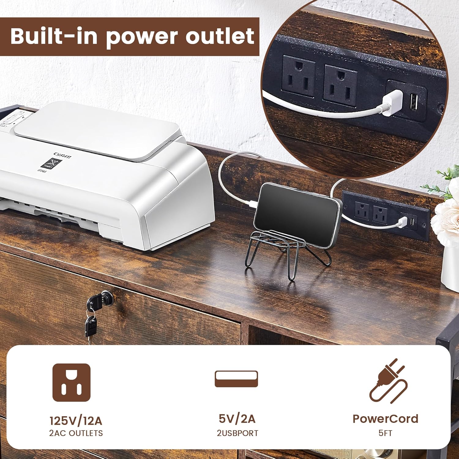 45" File Cabinet for Home Office, Mobile Office Storage Cabinet with Built-In Power Outlet, 2 Drawer Filing Cabinet with Lock, Shelves, Metal Hook, Storage Bag fits A4/Legal/Letter Size (Wood)