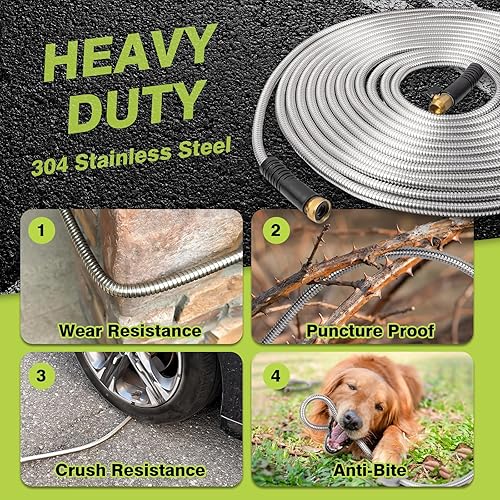 Miniatura 2 de Manguera de jardín de metal de 75 pies  Manguera de agua de metal de acero inoxidable resistente con boquilla de 10 funciones, ligera, sin