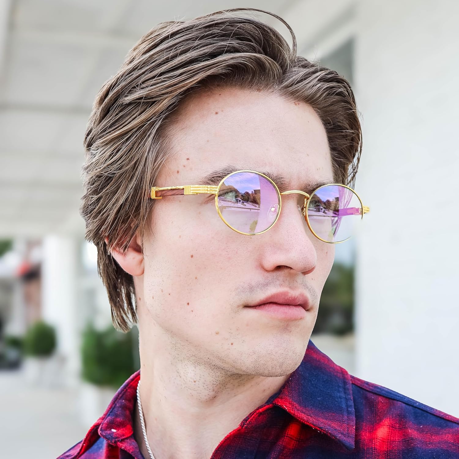 Premium Clear Round Blue Light Blocking Glasses with Wood Temple, Clip-On Compatible Frame, Unisex Design Gold Amber Orange Night Blue Blocker