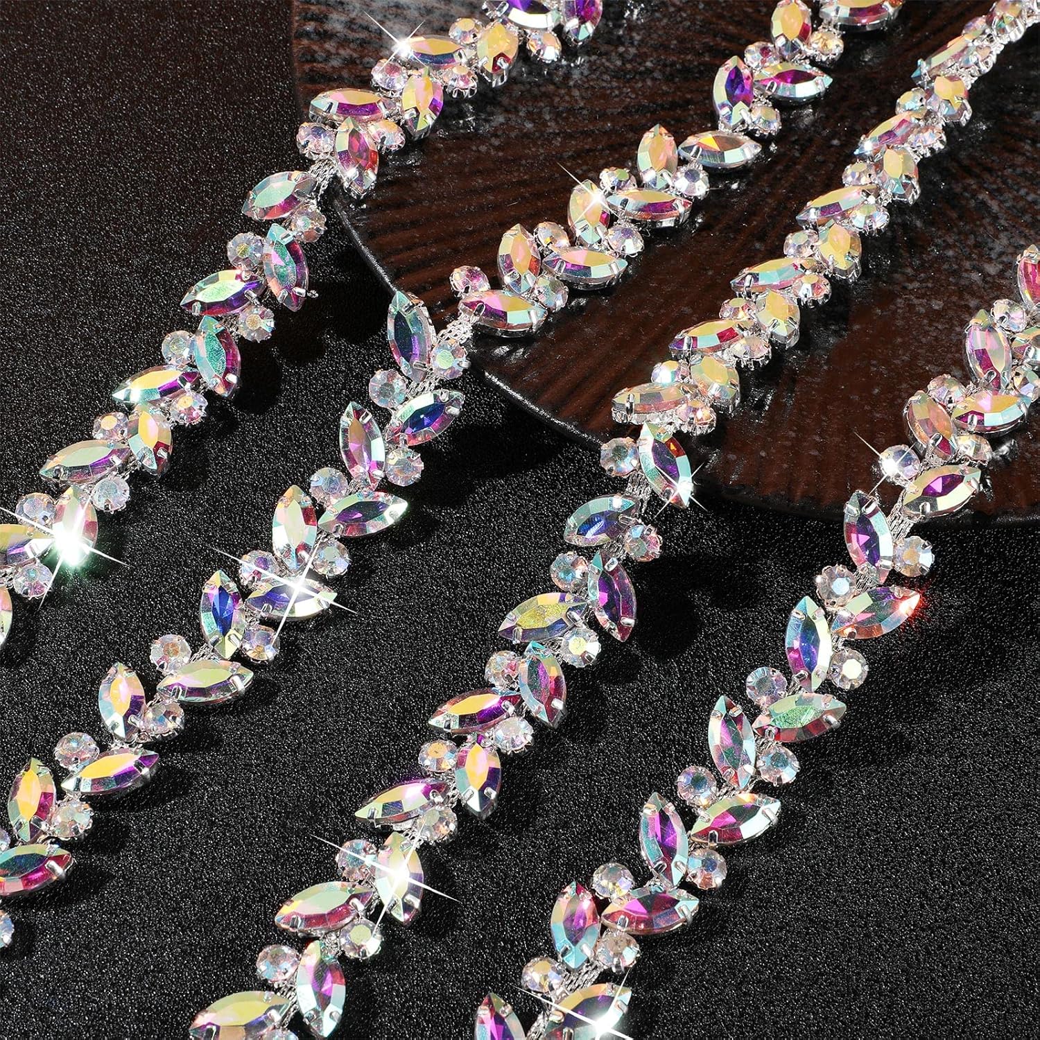 BBTO Rhinestone Chain Trim Applique Embellishment Crystal Wedding Bridal Costume Flower Leaf Chain Sewing Bling Trim for Jewelry DIY Necklace Bags Parties(3 Yards,AB)