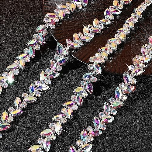 Miniatura 2 de BBTO Adorno de cadena de diamantes de imitación, adorno de cristal para boda, disfraz de novia, cadena de hojas de flores, costura, adornos