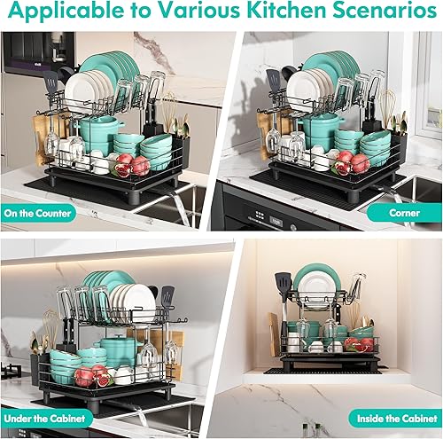 Miniatura 5 de MAJALiS Escurridor de platos, escurridor de platos para encimera de cocina, escurridor de platos de acero inoxidable de 2 niveles con tazas