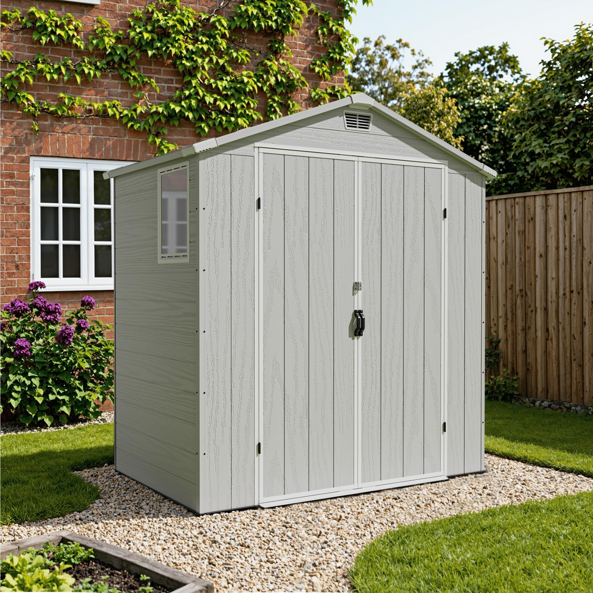 Devoko 6x4 Gartenhaus Kunststoff 4,7m³, 185x121x210 cm Gerätehaus mit Boden, Geräteschuppen, Fahrradschuppen mit Abschließbar Tür, Wetterfest für Garten Rasen, Hellgrau