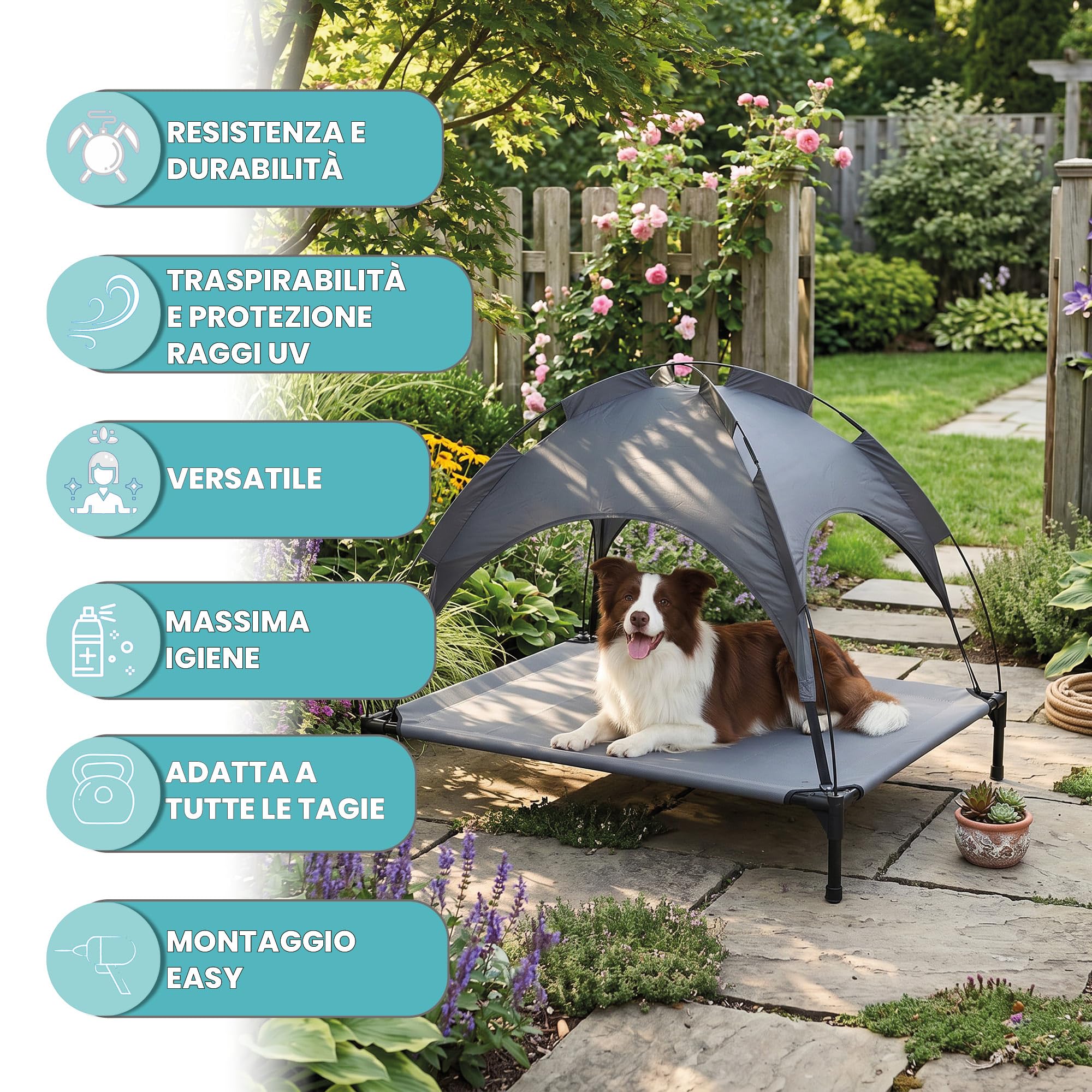 Italian Bed Linen – Brandina Rialzata per Cani "Sunny", Lettino con Tettuccio Protezione UV e Impermeabile, Tessuto Traspirante Anti-Umidità, Portata 50kg, Ideale per Esterno e Giardino, 105x85x85 cm