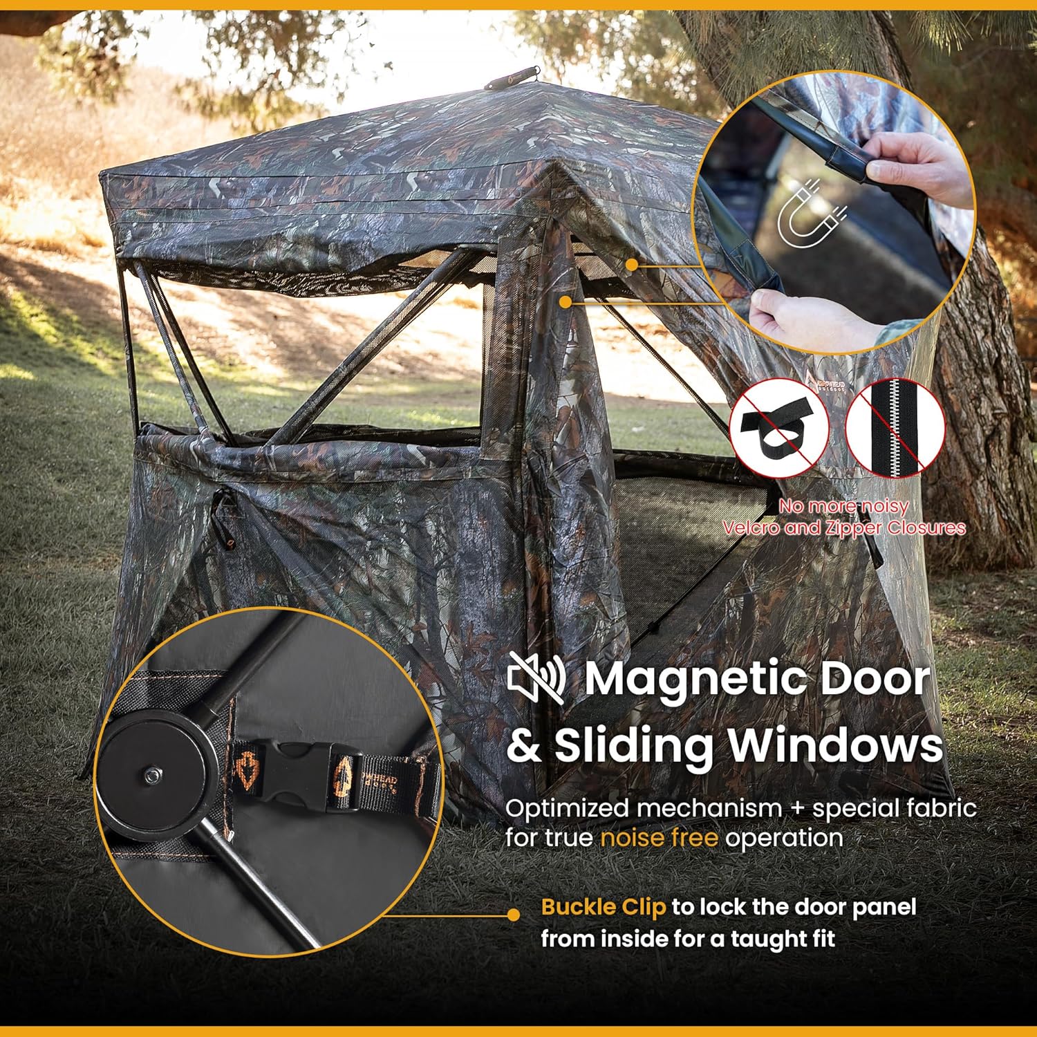 Arrowhead Outdoor 270° Vision 4.8x4.8 Ft Pop-up 2-3 Person See-Through Hunting Stealth Deer Blind Shelter w/Magnetic Door, Sliding Windows and Backpack Carry Bag, Noise-Free Camouflage Design