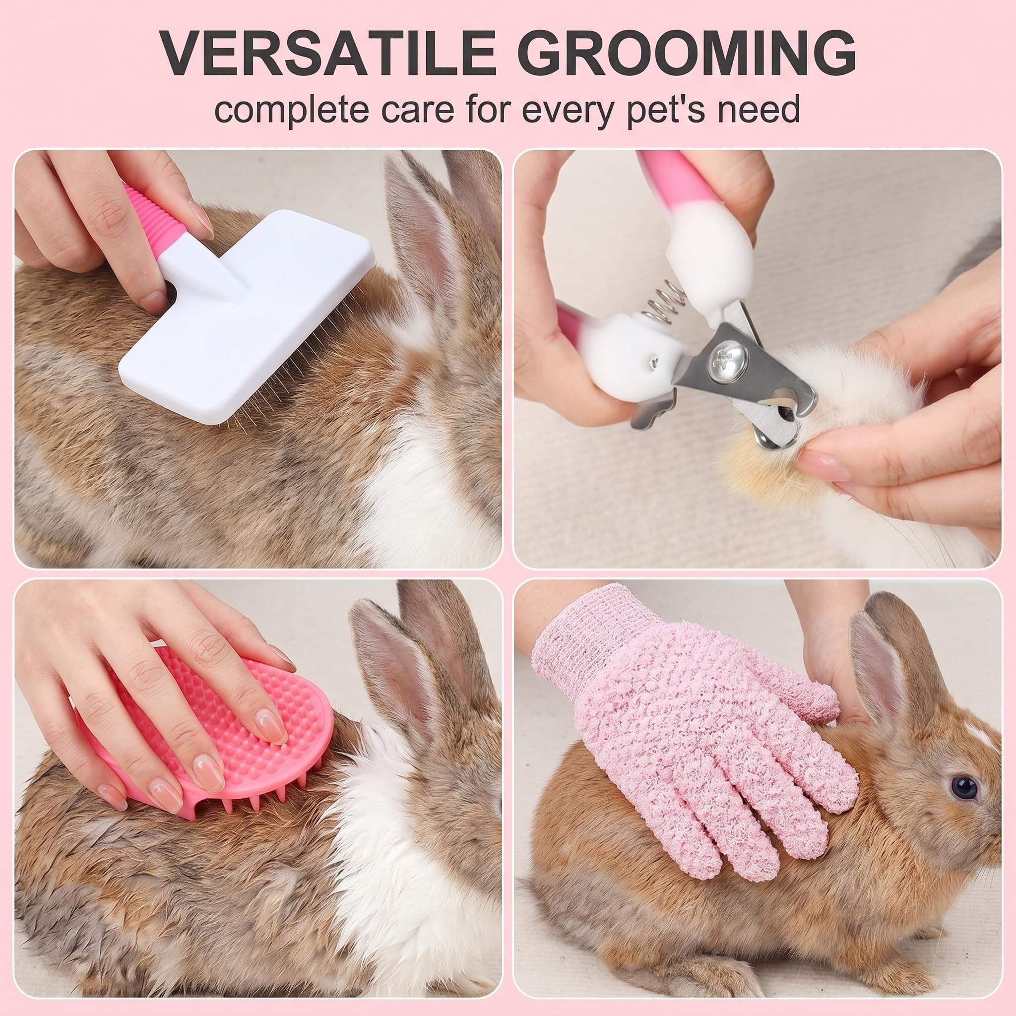 Ensemble de soins pour lapins 8 pièces rose – Accessoires pour lapins avec coupe ongle, lime, peigne anti-puces, brosse lapin, brosse de bain et gant de massage pour lapin, cochon d'inde