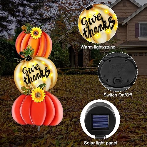 Miniatura 6 de Fovths Letrero de metal de 3 piezas de metal con diseño de calabazas de otoño, para jardín, patio, impermeable, con luz cálida, gigante, de metal,