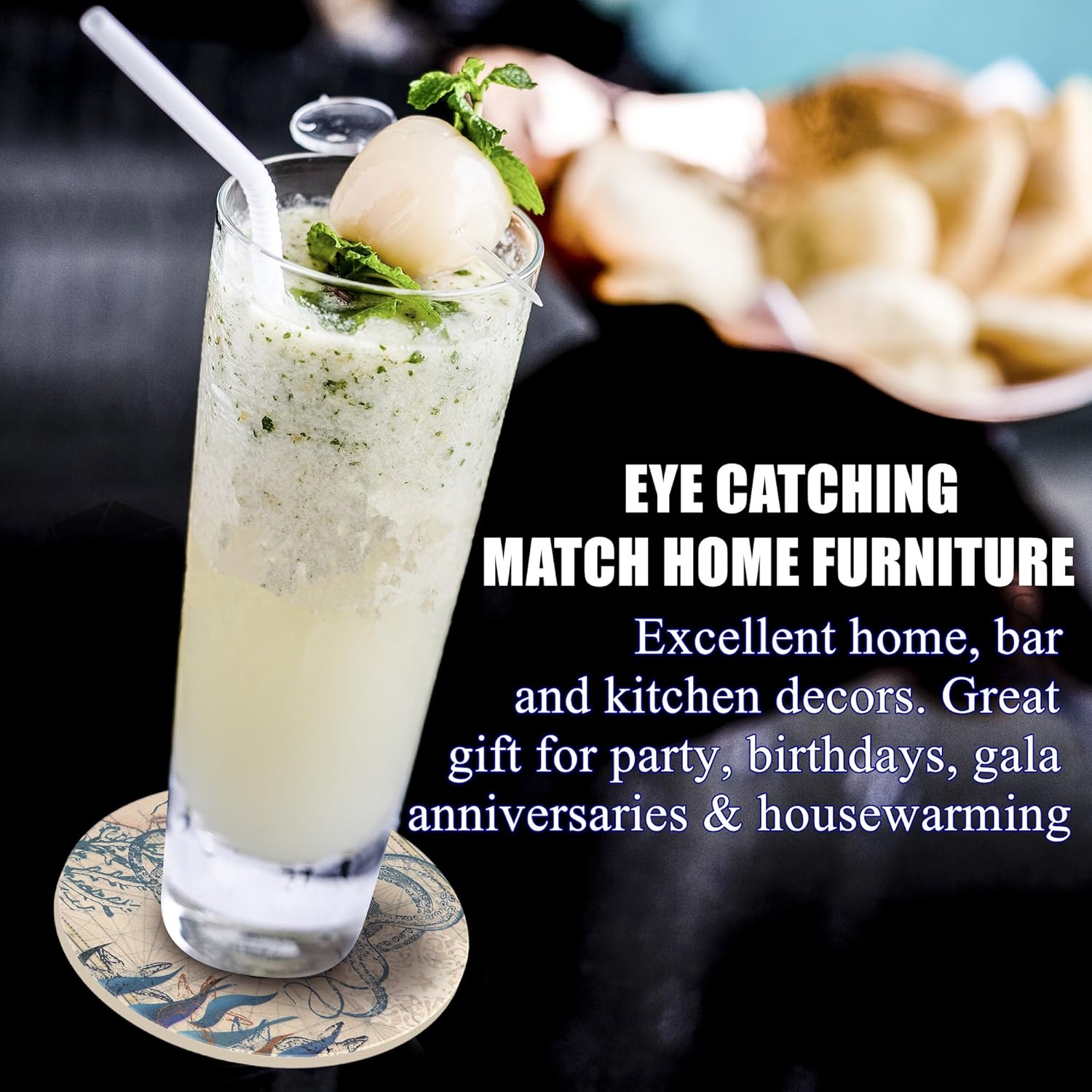 Limited Stock ENKORE Coasters Set of 6 - Absorbent Ceramic Stone Keep Spill Off Table, Coaster for Drinks in Vibrant Colors and Cork Back Pad - Octopus On World Map Novelty Design with NO Holder