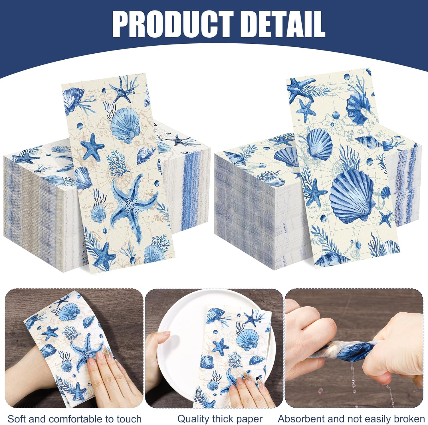 Kochorie 200 Pcs Sea Starfish Napkins Rectangle 3 Ply Sea Paper Napkins Disposable Hand Towels Summer Beach Seashell Guest Towel for Bathroom Wedding Shop