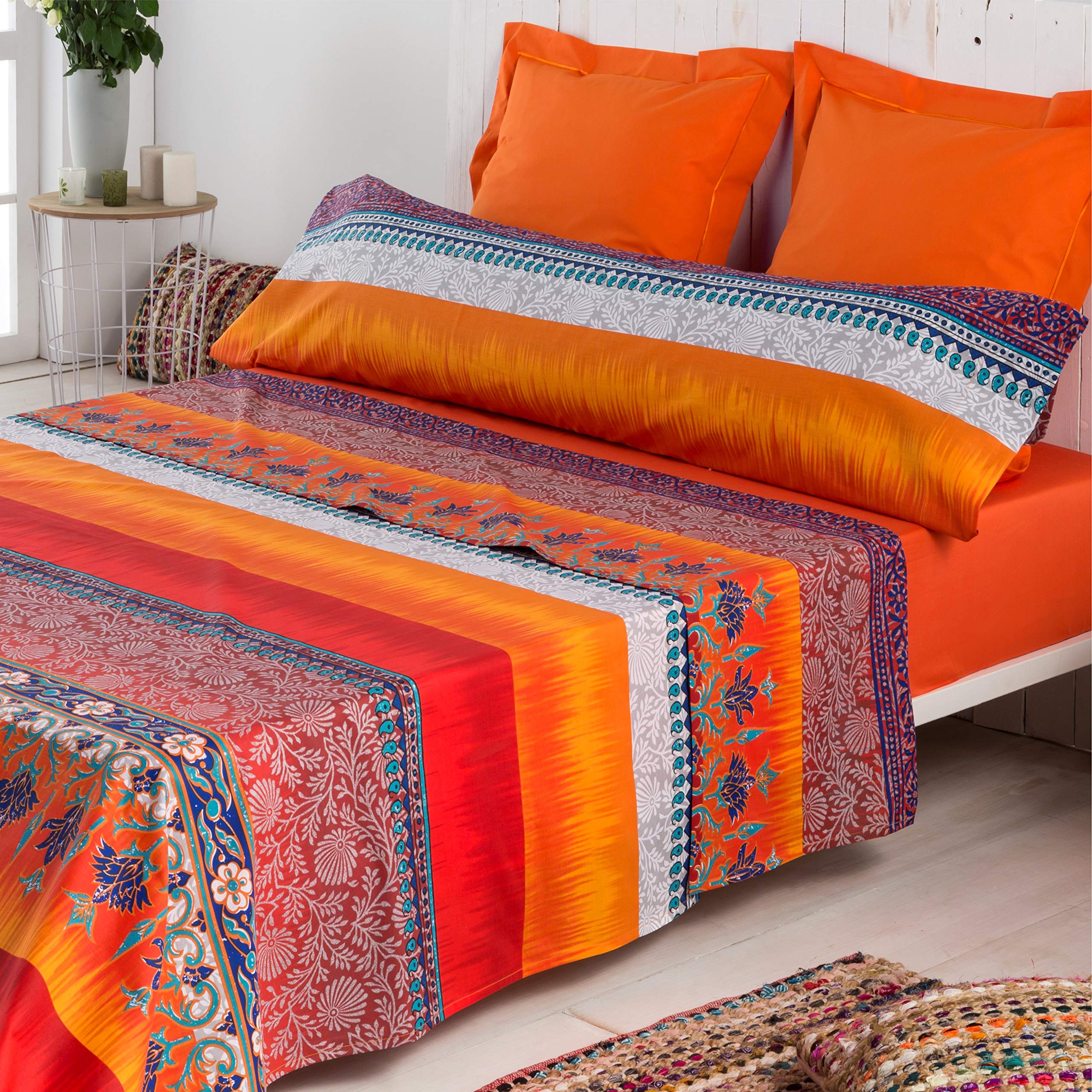 COTTON ARTean Juego sábanas Cama 135 Percal 180 Hilos Indi Multicolor | Incluye 3 piezas: encimera, bajera ajustable, 1 funda de almohada. Certificado OEKO-TEX