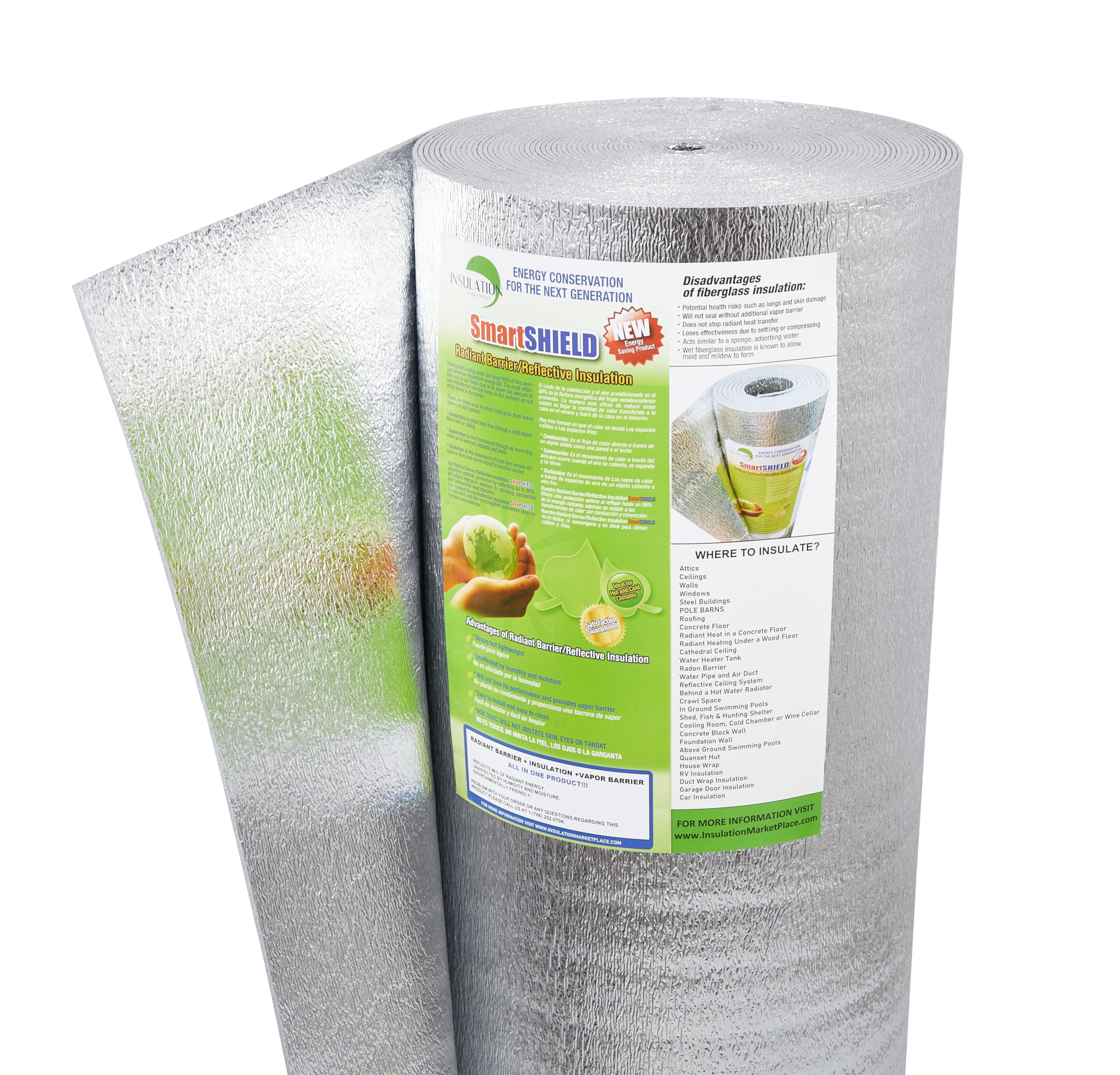 断熱マーケットプレイス SmartSHIELD - 3mm 48インチ x 100フィート 反射断熱ロール フォームコア 放射バリア 断熱シールド - エンジニアードホイル
